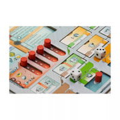 A Civolution játékoslapjának részlete piros jelölőkkel, fejlesztési sávokkal és két dobókockával. A képen jól látszanak a technológiai és gazdasági fejlődési lehetőségek.