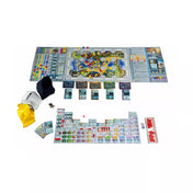 A Civolution játéktábla játék közben, kártyákkal, színes jelölőkkel és dobókockákkal. A tábla különböző területeket, technológiai fejlesztéseket és civilizációs zónákat ábrázol.