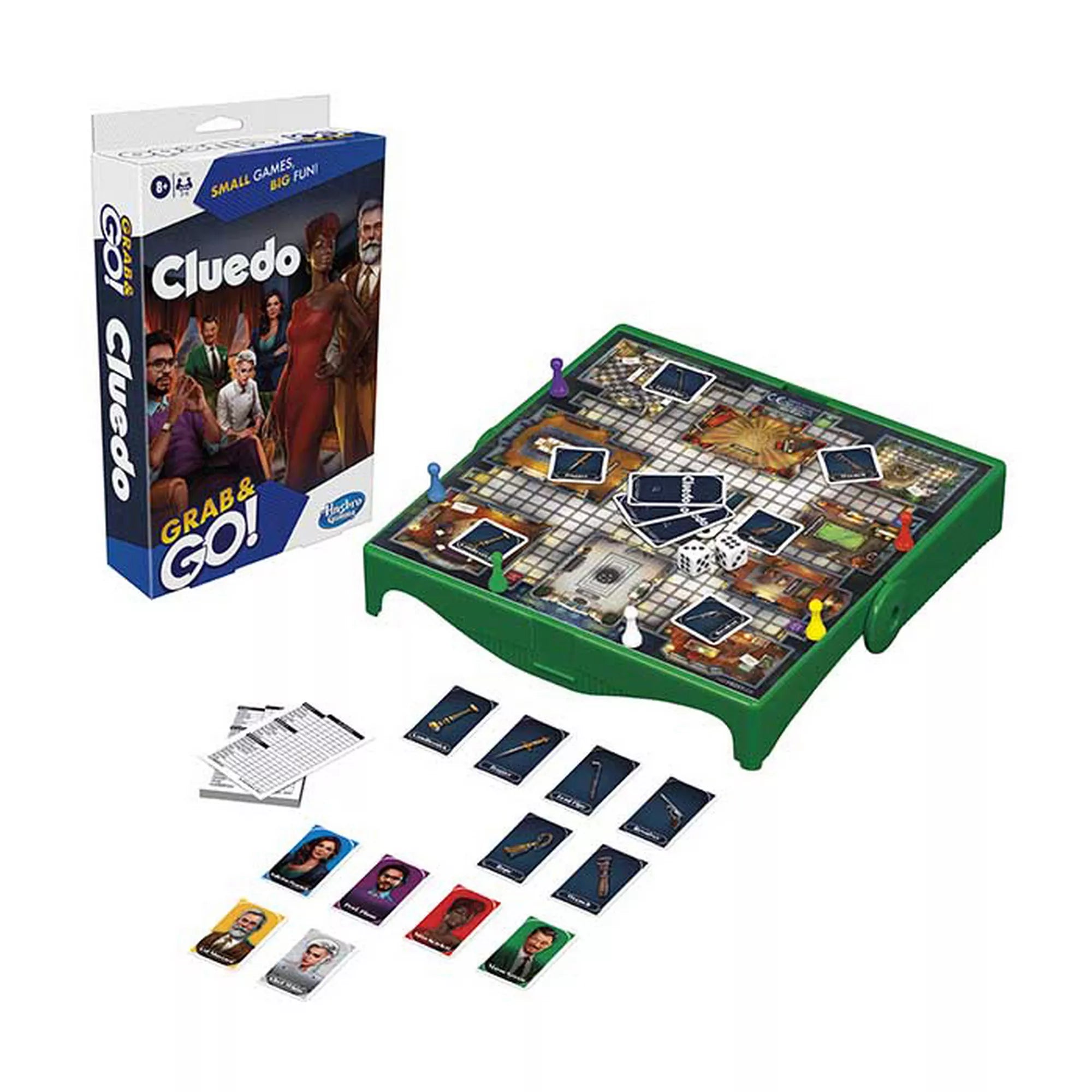 Cluedo Grab and Go társasjáték tartalma, kompakt játéktábla, kártyák, nyomozó jegyzetek és bábuk, utazáshoz ideális kivitel