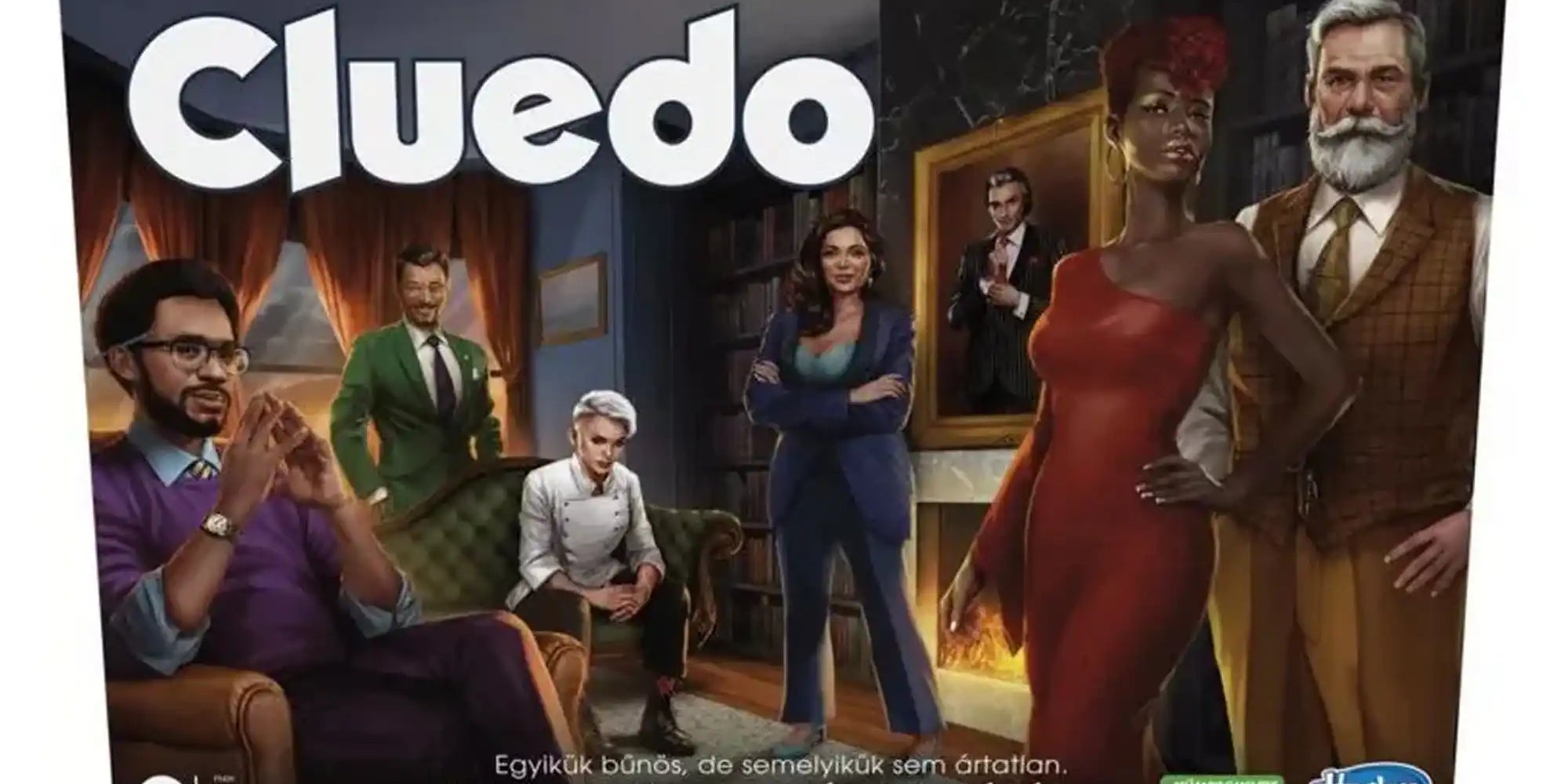 Cluedo társasjáték dobozkép, a klasszikus nyomozós játék szereplőivel és hangulatos illusztrációval.