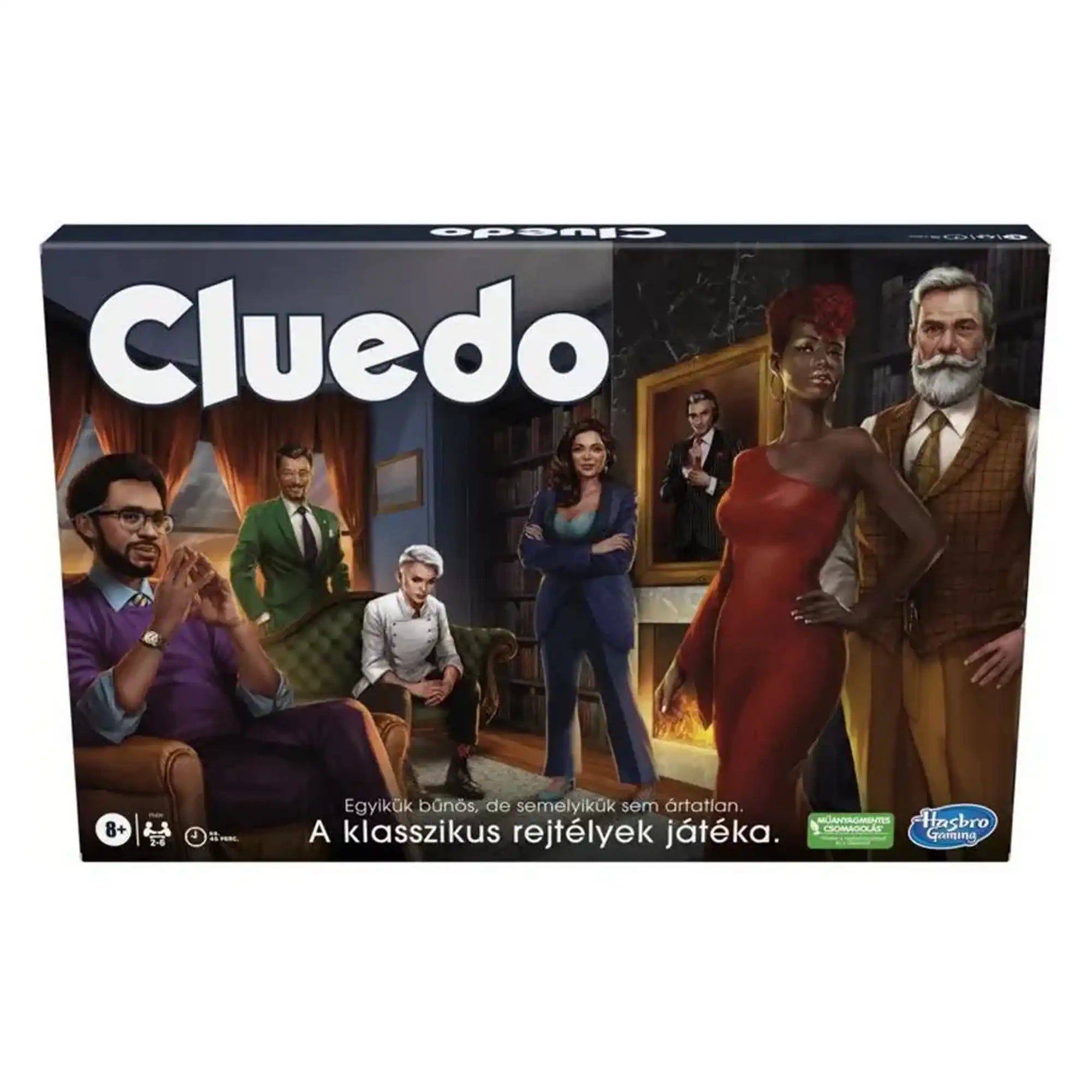 Cluedo társasjáték dobozkép, a klasszikus nyomozós játék szereplőivel és hangulatos illusztrációval.
