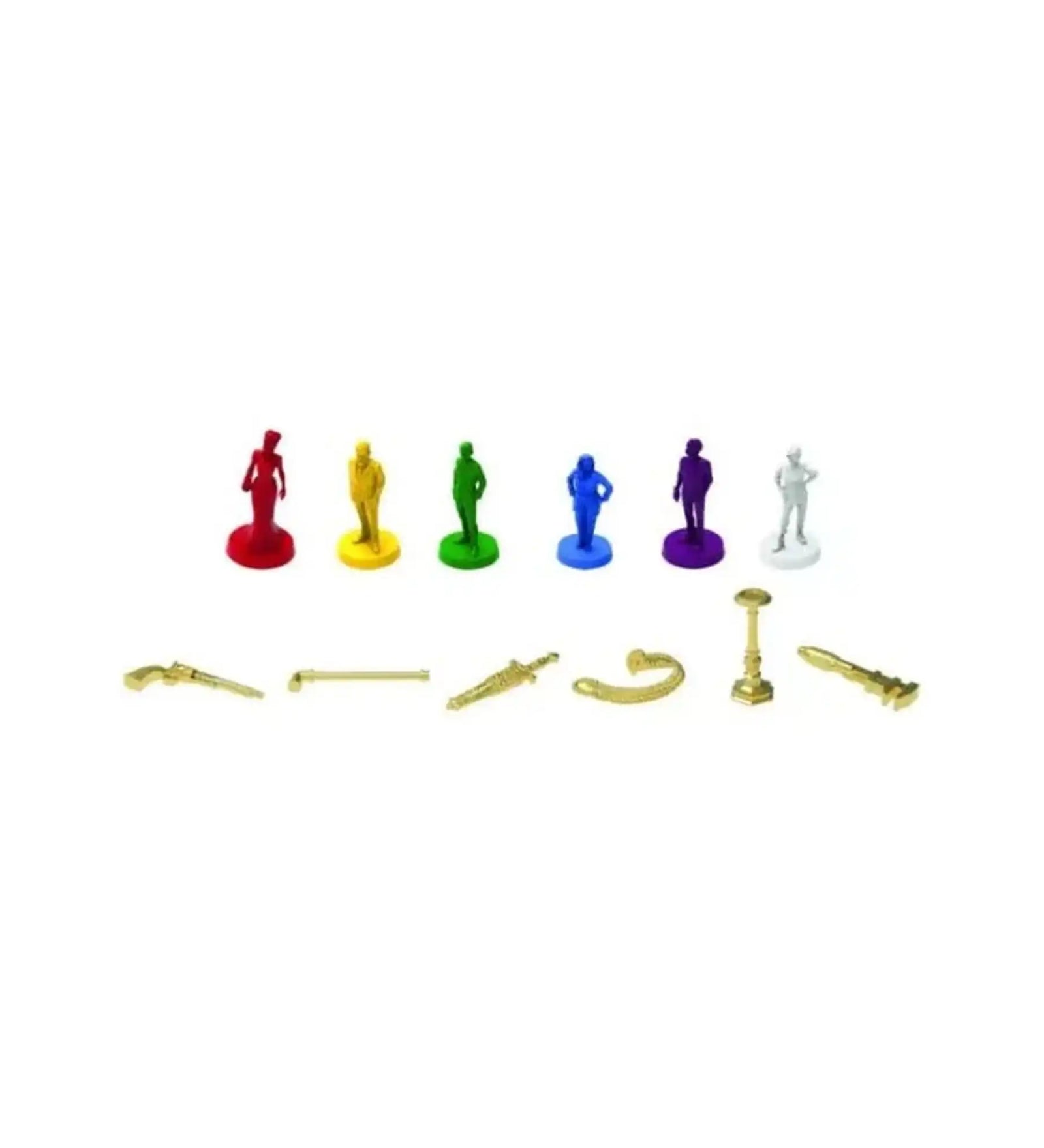 Cluedo társasjáték figurák és fegyverek, színes karakterbábuk és arany színű eszközök közelről.