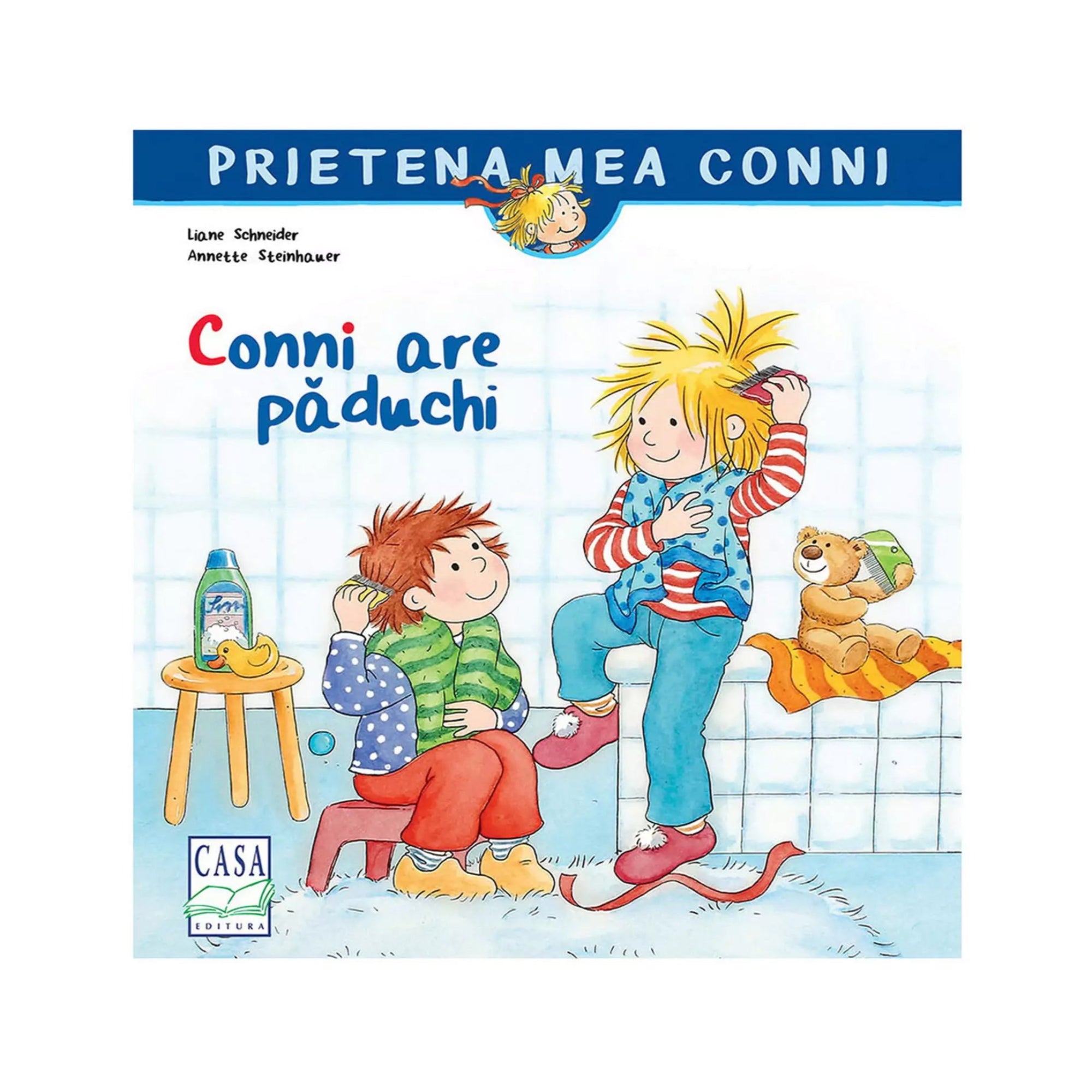 A könyvborítón a „Conni are păduchi” című könyv látható a Prietena mea Conni sorozatból. A rajzon Conni mosolyogva fésüli a haját, mellette egy kisfiú ül piros nadrágban és zöld mellényben, a háttérben pedig egy plüssmackó pihen egy narancssárga törölközőn.