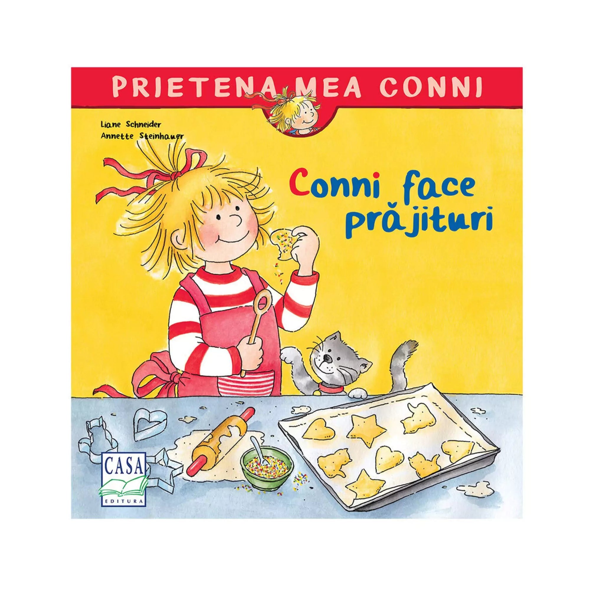A borítón a „Conni face prăjituri” című gyerekkönyv látható. A vidám illusztráción Conni piros csíkos pulóverben és kötényben sütit készít, kezében egy csillag alakú kekszdarabbal. Az asztalon sodrófa, színes szórócukor és egy tepsi aranysárga sütemény van, mellette egy játékos szürke cica figyel.