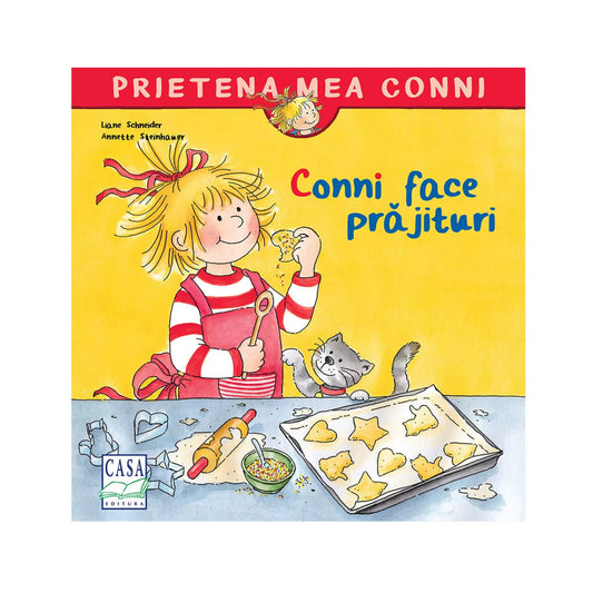 A borítón a „Conni face prăjituri” című gyerekkönyv látható. A vidám illusztráción Conni piros csíkos pulóverben és kötényben sütit készít, kezében egy csillag alakú kekszdarabbal. Az asztalon sodrófa, színes szórócukor és egy tepsi aranysárga sütemény van, mellette egy játékos szürke cica figyel.