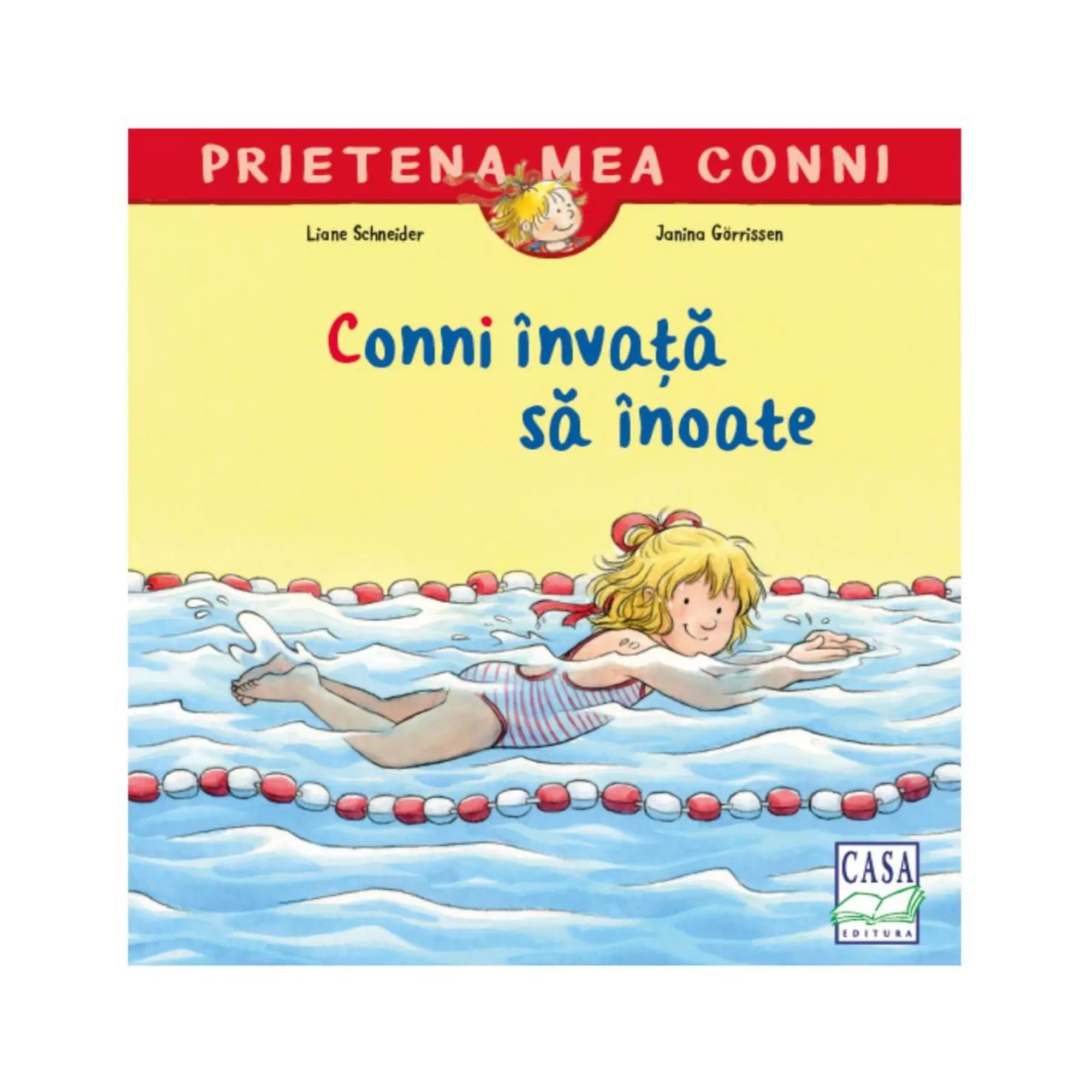 A könyvborítón a „Prietena mea Conni – Conni învață să înoate” című kiadvány látható, amelyen Conni piros-fehér csíkos fürdőruhában vidáman úszik a medencében, piros-fehér bójákkal elválasztott vízben.