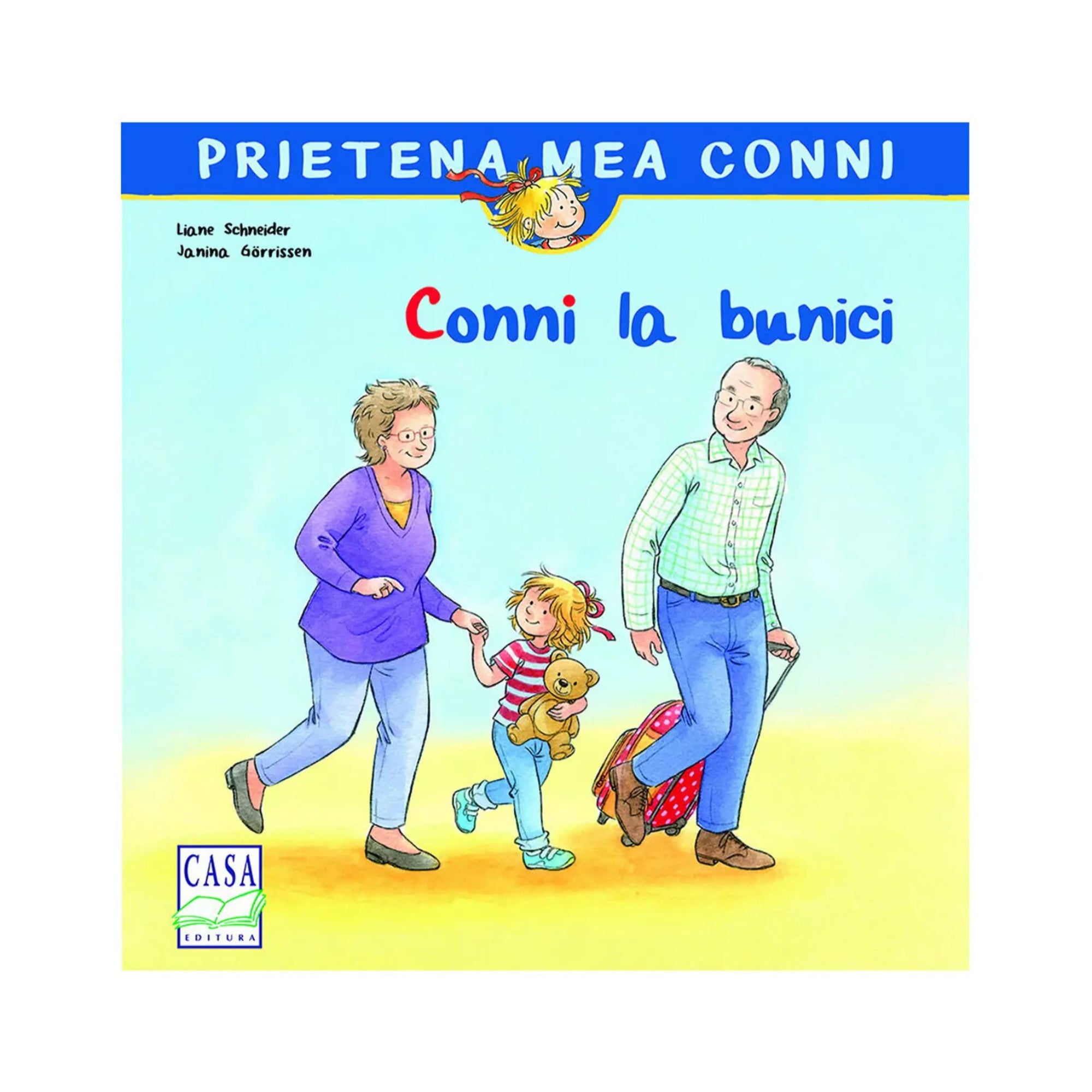 A „Conni la bunici” című gyerekkönyv borítója, amelyen Conni nagyszüleivel sétál, kezében plüssmackóval, vidám hangulatban.