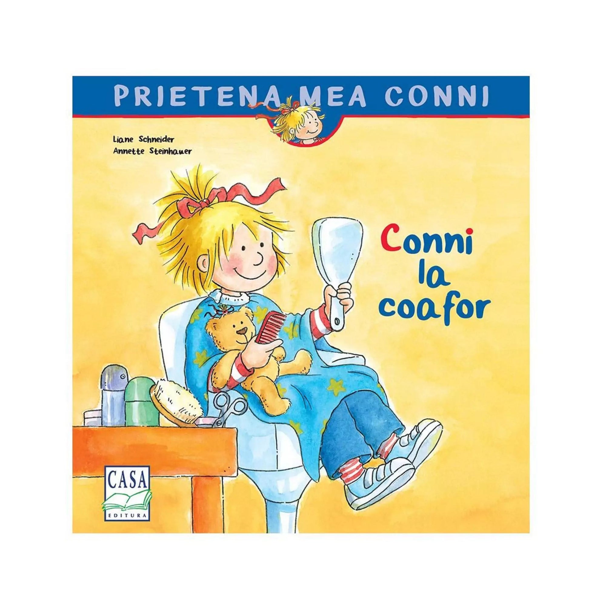 A könyvborítón a „Conni la coafor” című könyv látható a Prietena mea Conni sorozatból. A vidám illusztráción Conni egy fodrászszékben ül, kék köpenyt visel, kezében tükröt és fésűt tart, ölében pedig a plüssmackója ül. A háttér sárga, a jobb oldalon piros-kék betűkkel olvasható a könyv címe.