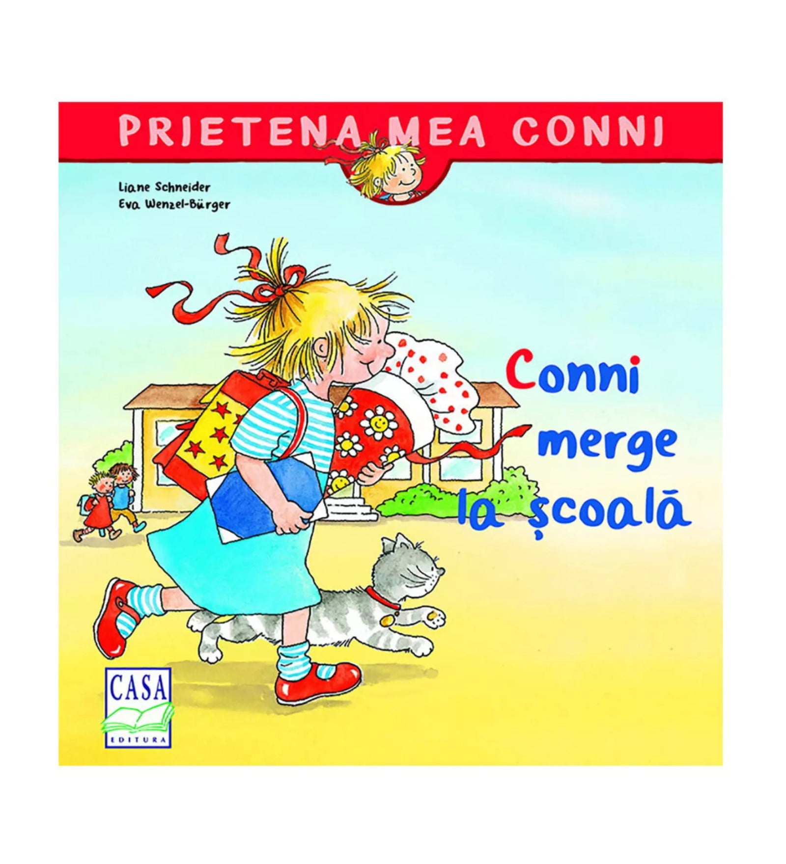„Conni merge la școală – gyerekkönyv borítója, amelyen Conni iskolatáskával, virágcsokorral és könyvvel a kezében vidáman siet az iskolába, mellette egy macska.”