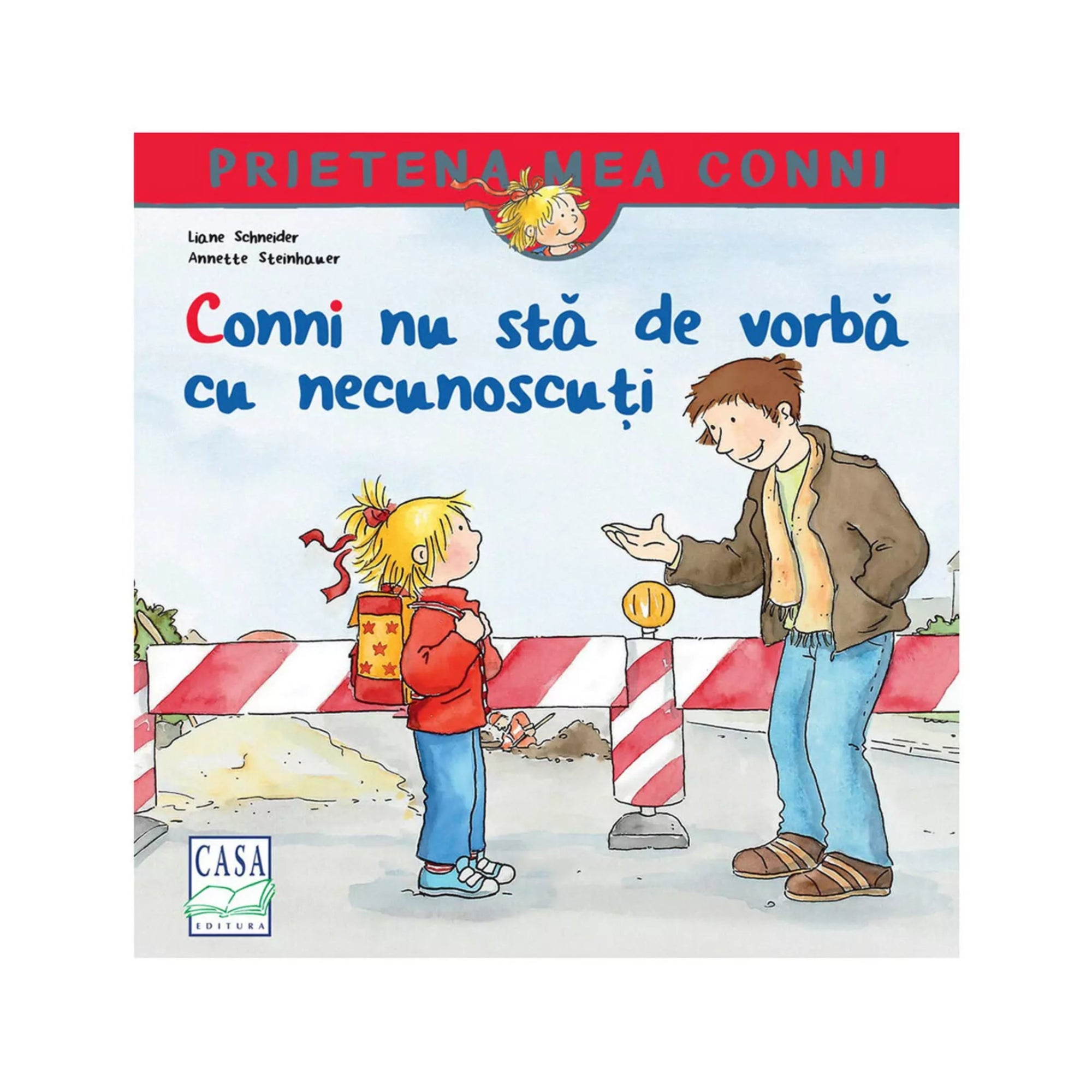 A kép a „Conni nu stă de vorbă cu necunoscuți” című könyv borítóját ábrázolja. A rajzon Conni, a kis szőke lány piros hátizsákkal, egy idegennel beszél, aki barátságosan gesztikulál felé egy útlezárásnál.