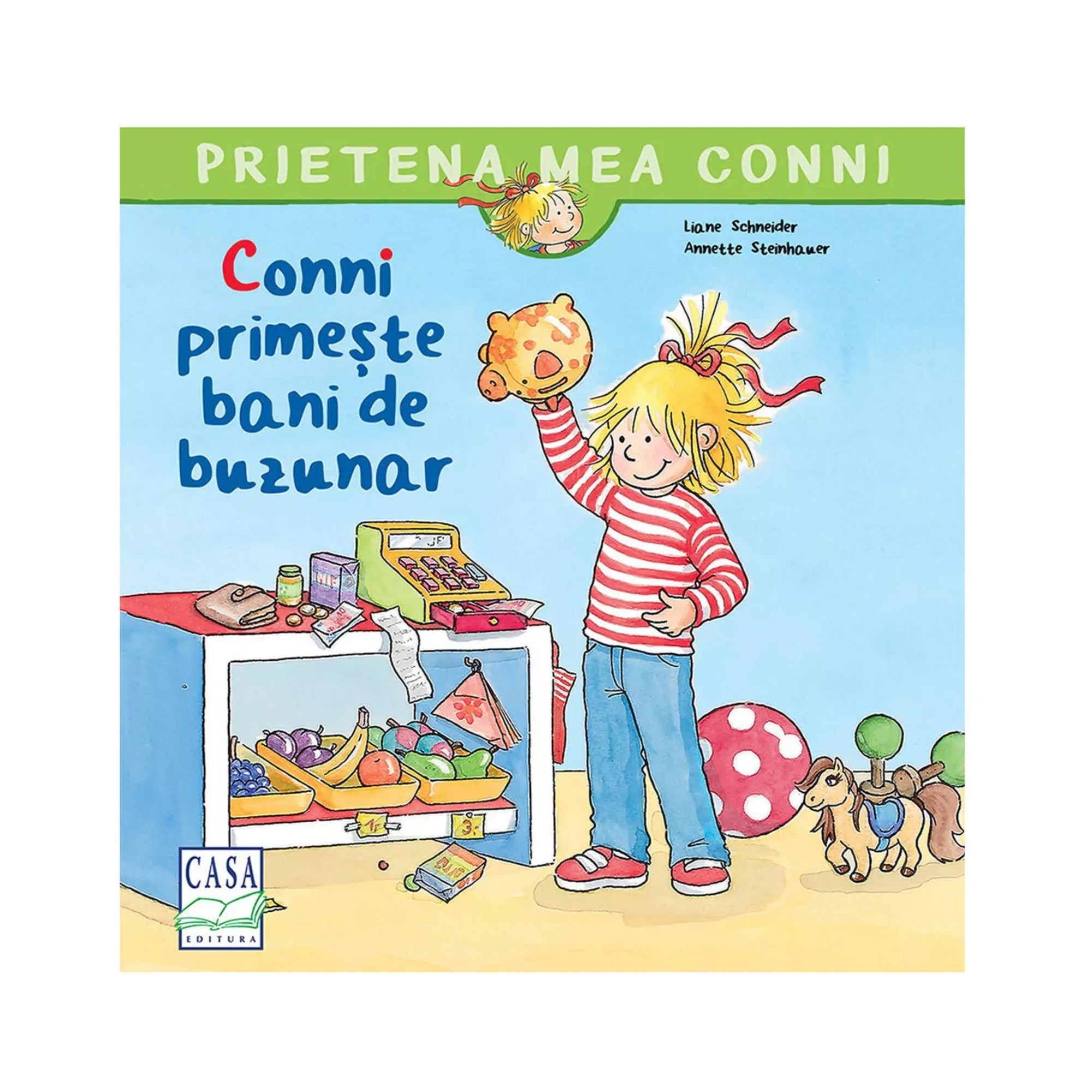 A könyvborítón a „Conni primește bani de buzunar” című kötet látható a Prietena mea Conni sorozatból. A vidám illusztráción Conni piros-fehér csíkos felsőben, kék nadrágban és piros cipőben áll, kezében egy narancssárga, katicás persellyel.