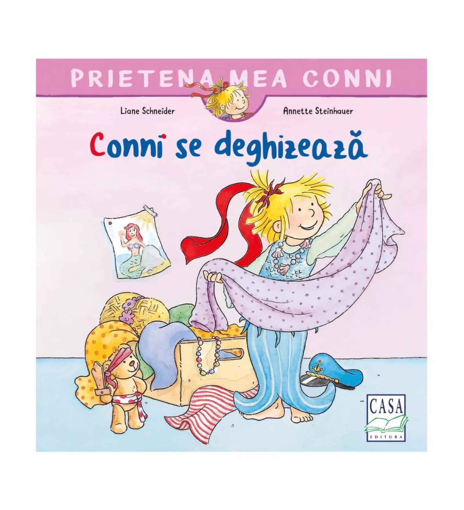 A „Prietena mea Conni – Conni se deghizează” című gyerekkönyv borítóján Conni mosolyogva próbál fel egy lila, pöttyös kendőt. Körülötte színes ruhadarabok, kalap, plüssmackó és ékszerek hevernek a padlón, jelezve a jelmezes játékot. A háttér rózsaszín, felül a sorozat címe szerepel, alul pedig a „CASA Editura” logó látható.