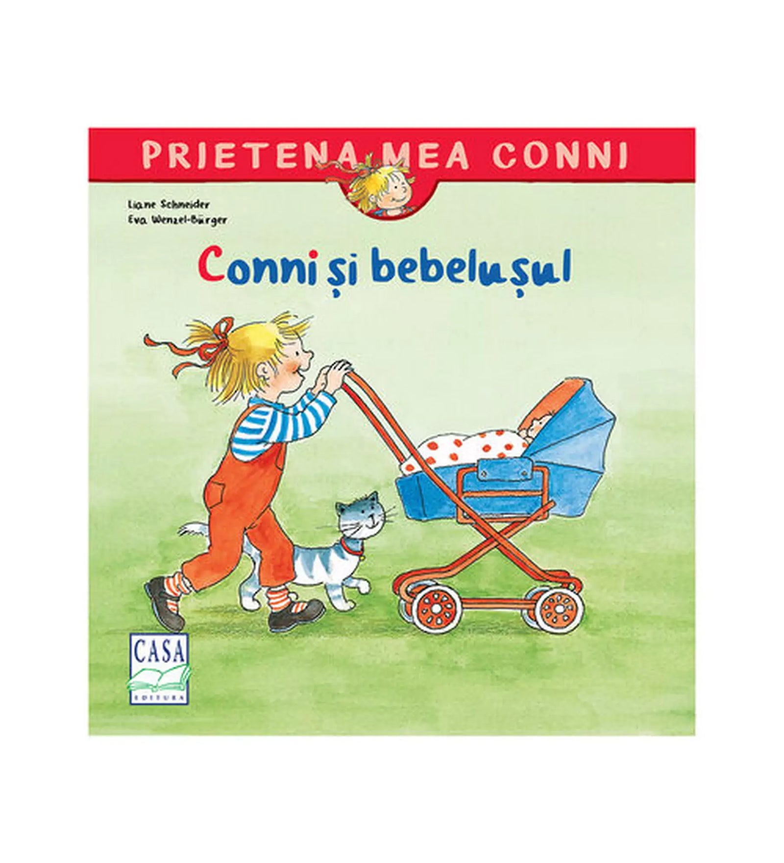 „A Conni și bebelușul román nyelvű mesekönyv borítója, amelyen Conni tolja a kék babakocsit, benne a kisbabával, miközben mellette sétál a család macskája.”