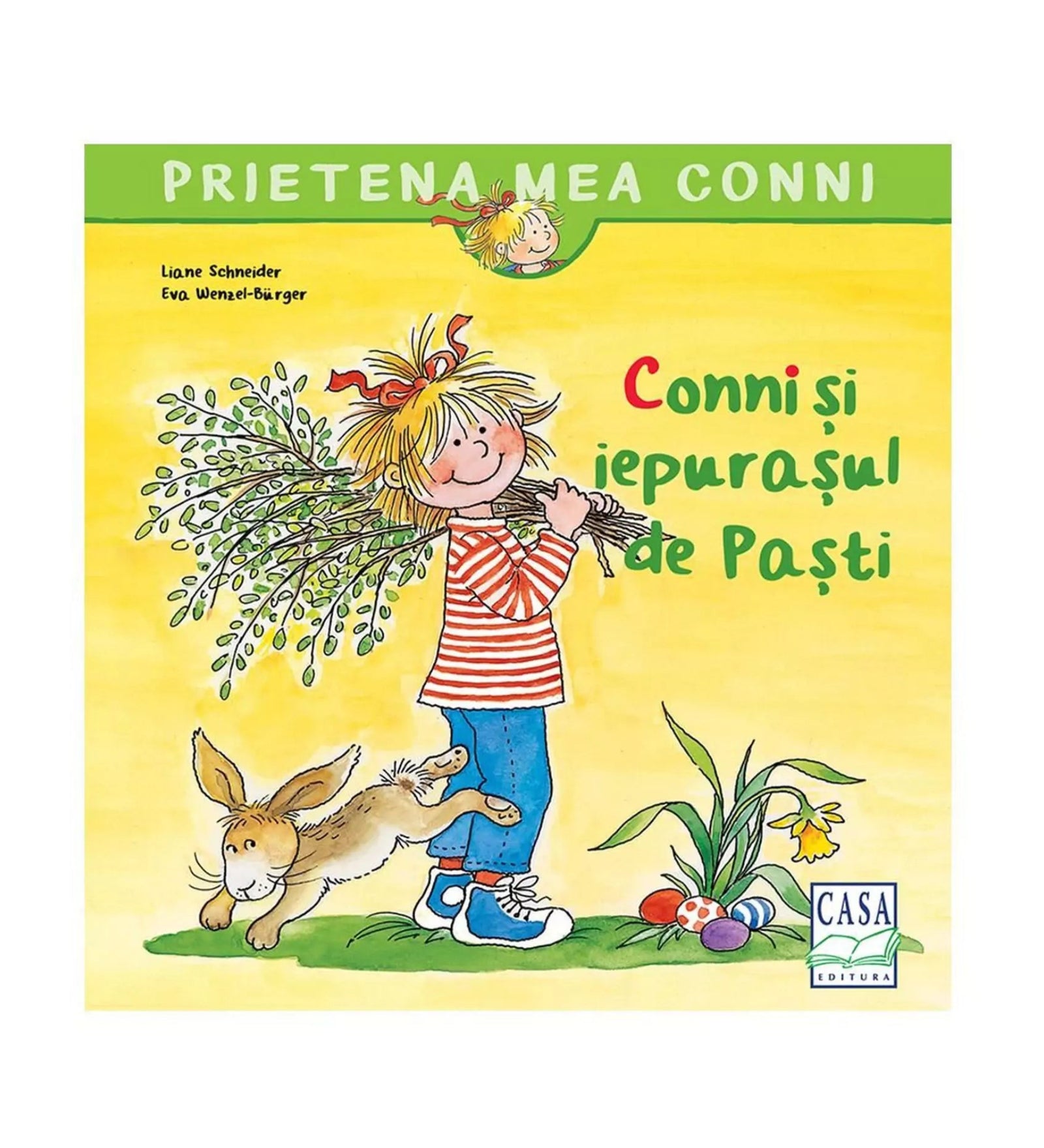 A „Conni și iepurașul de Paști” című gyerekkönyv borítóján Conni piros-fehér csíkos pólóban és kék nadrágban látható, kezében barkacsokrot tartva. Mellette egy barátságos húsvéti nyuszi ugrándozik, a fűben pedig színes húsvéti tojások és sárga nárcisz virág látható.