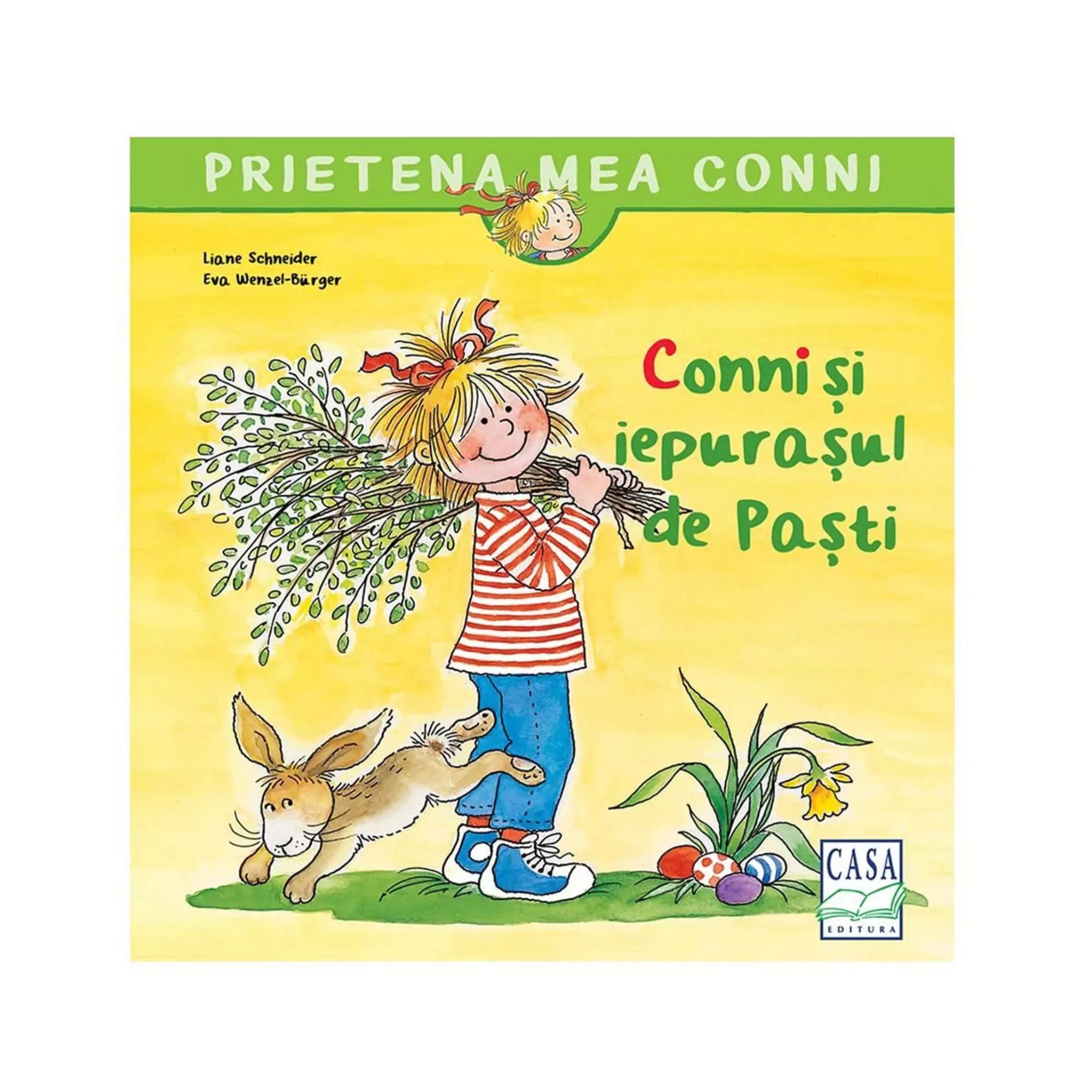 A „Conni și iepurașul de Paști” című gyerekkönyv borítóján Conni piros-fehér csíkos pólóban és kék nadrágban látható, kezében barkacsokrot tartva. Mellette egy barátságos húsvéti nyuszi ugrándozik, a fűben pedig színes húsvéti tojások és sárga nárcisz virág látható.