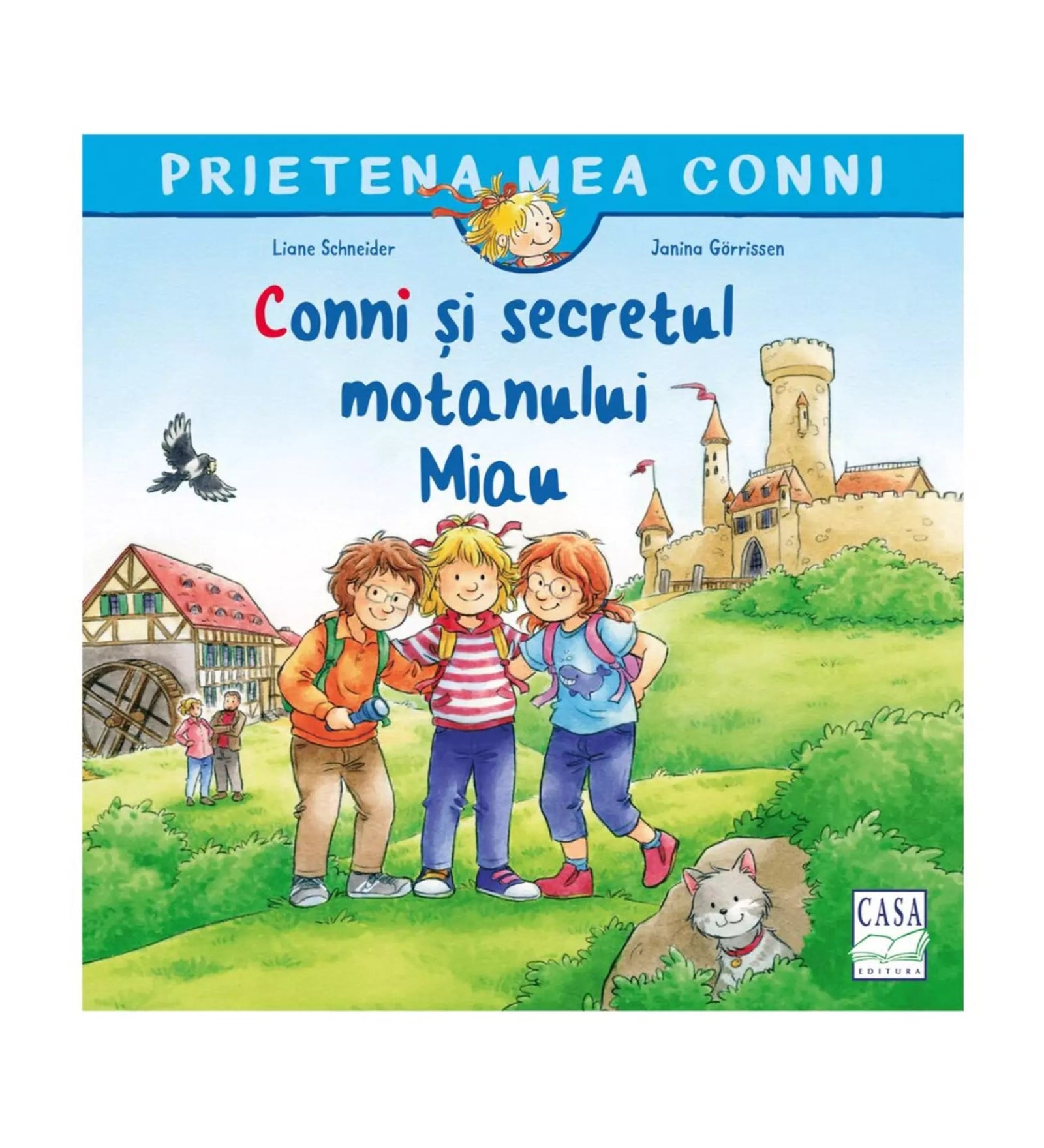 A „Conni și secretul motanului Miau” című könyv borítóján három mosolygó gyerek áll a zöld mezőn, háttérben egy várkastéllyal és egy régi házzal. A jobb sarokban egy szürke macska, Miau, bukkan elő a bokorból.