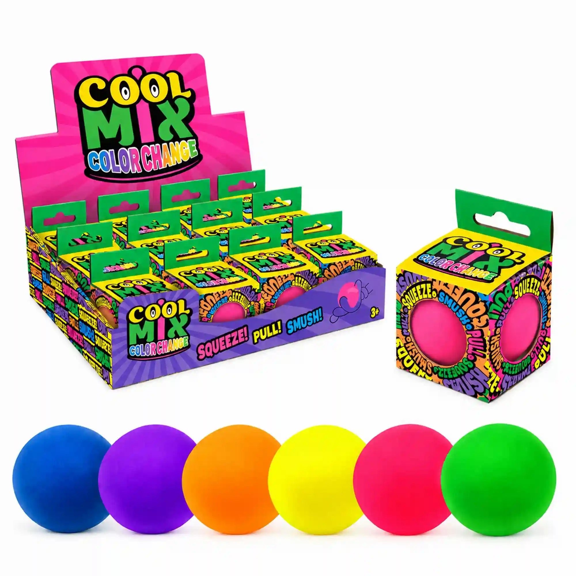 Cool Mix Squishy 7 cm stresszlevezető játék (rózsaszín) – Színes bemutatóállványon sorakozó dobozok, mellettük rózsaszín labdával töltött doboz és hat különböző színű squishy labda.