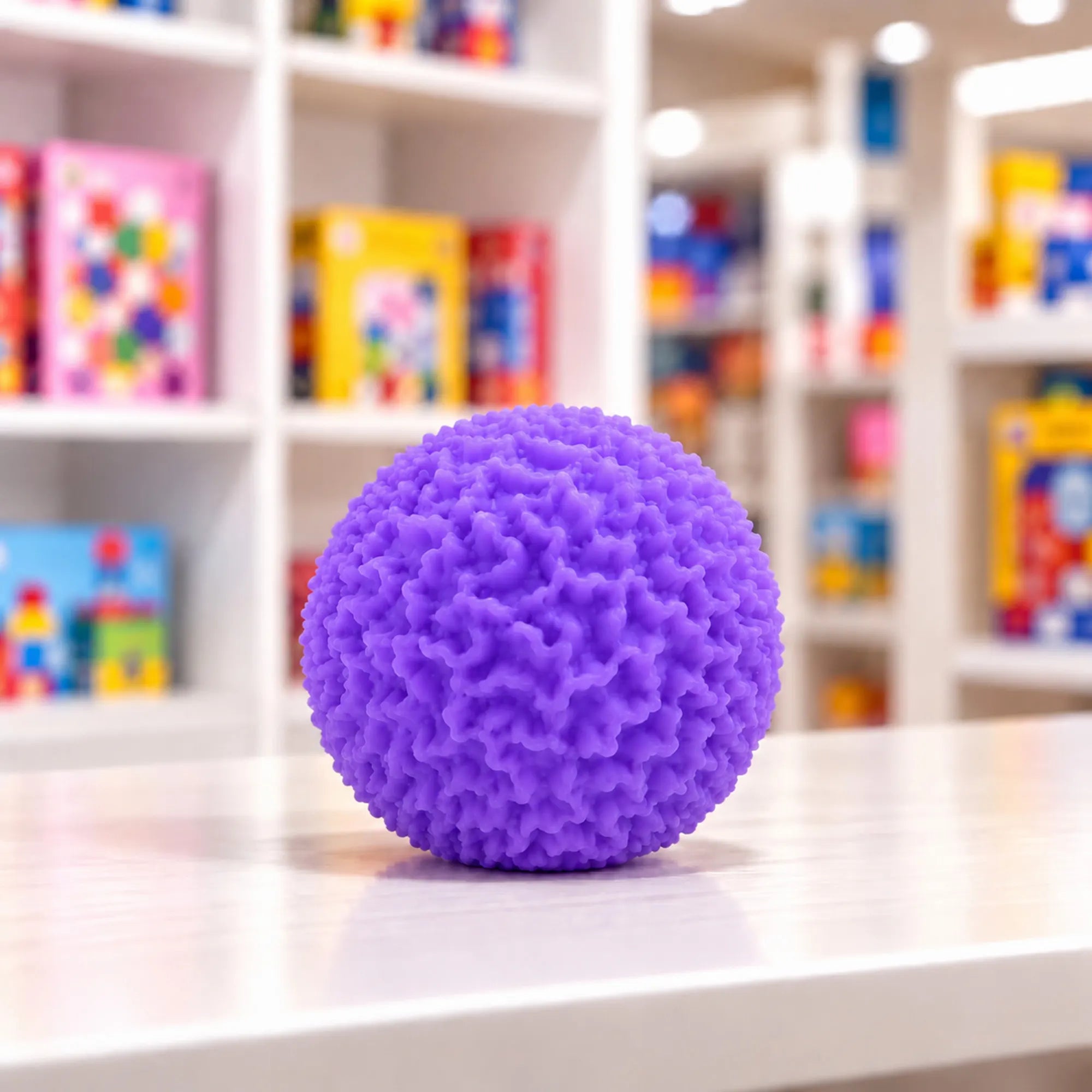Cool Mix Squishy bolyhos tapintású labda 6 cm stresszlevezető játék (lila), lila színű, rücskös felületű labda játékbolt pultján, elmosódott polcok előtt.
