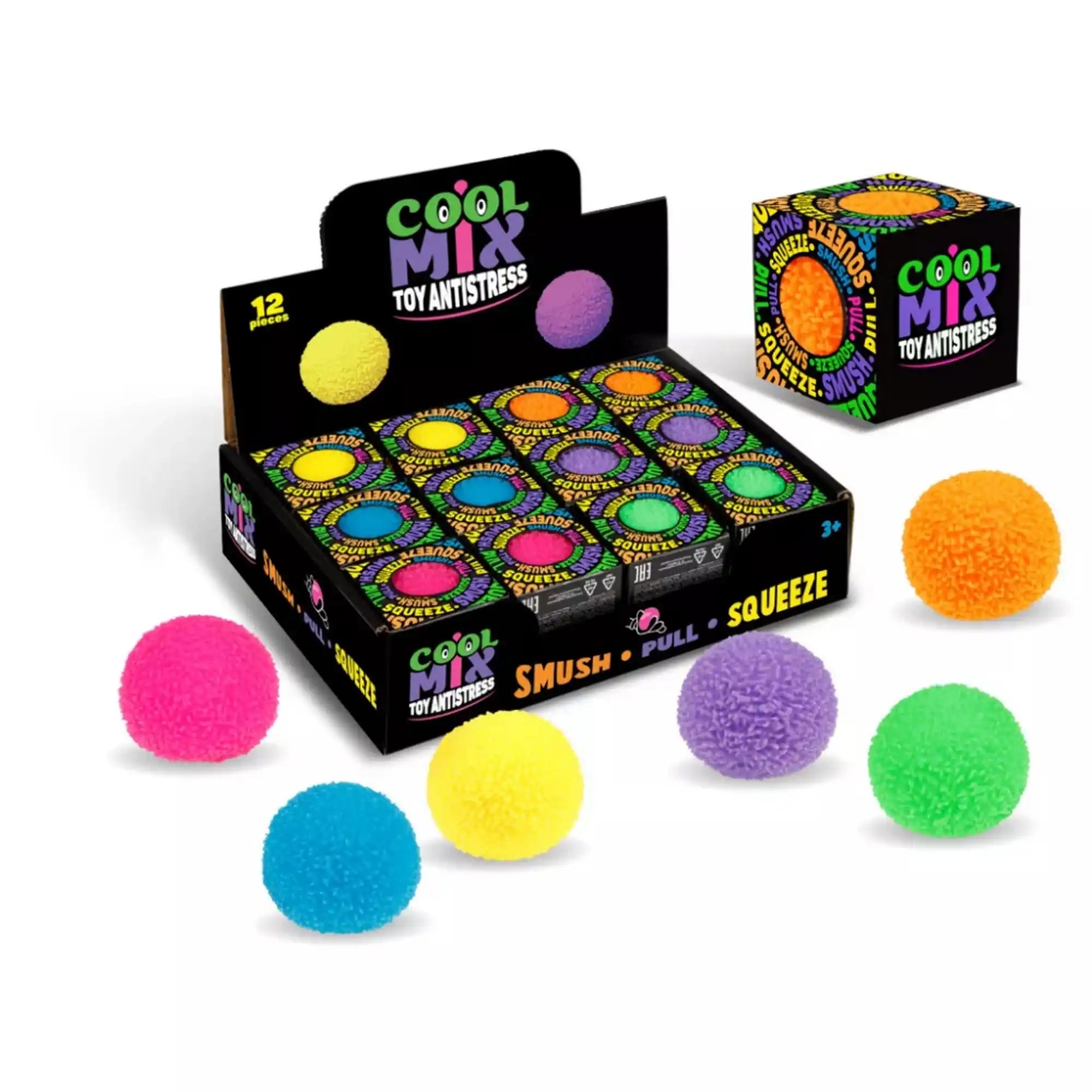 Cool Mix dobozok és különböző színű bolyhos stresszlabdák bemutatócsomagban.