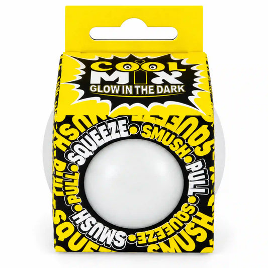 Cool Mix sötétben világító squishy stresszlabda – fehér, sárga-fekete Glow in the Dark csomagolásban