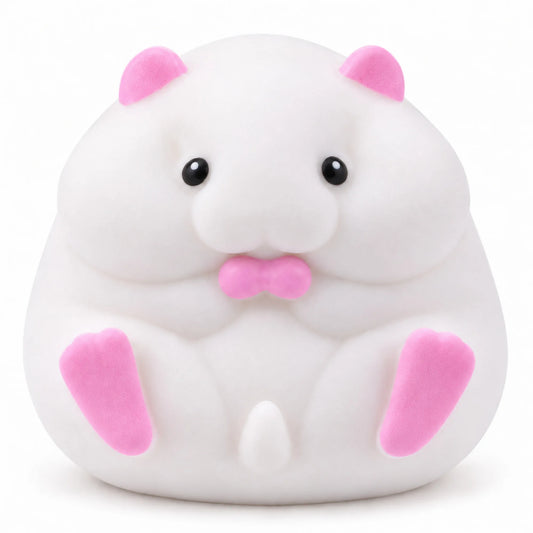 Cool Mix Squishy fehér hörcsög stresszlevezető játék rózsaszín fülekkel és tappancsokkal, fehér háttéren