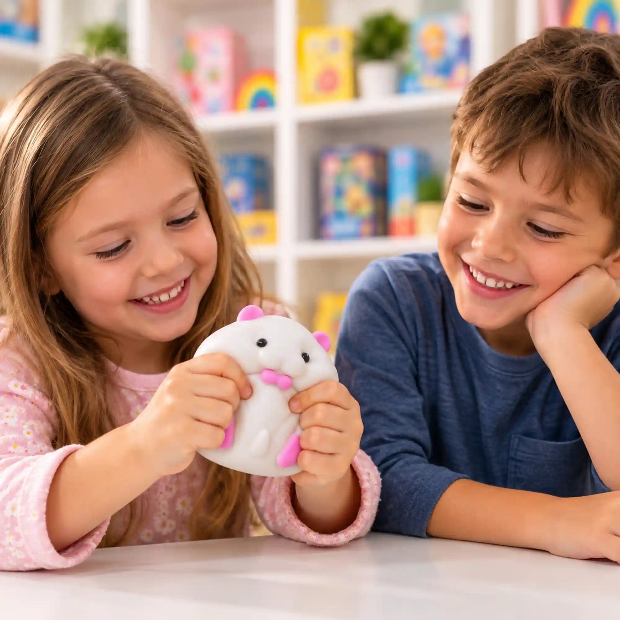 Cool Mix Squishy fehér hörcsög stresszlevezető játék egy mosolygó kislány kezében, mellette egy kisfiúval