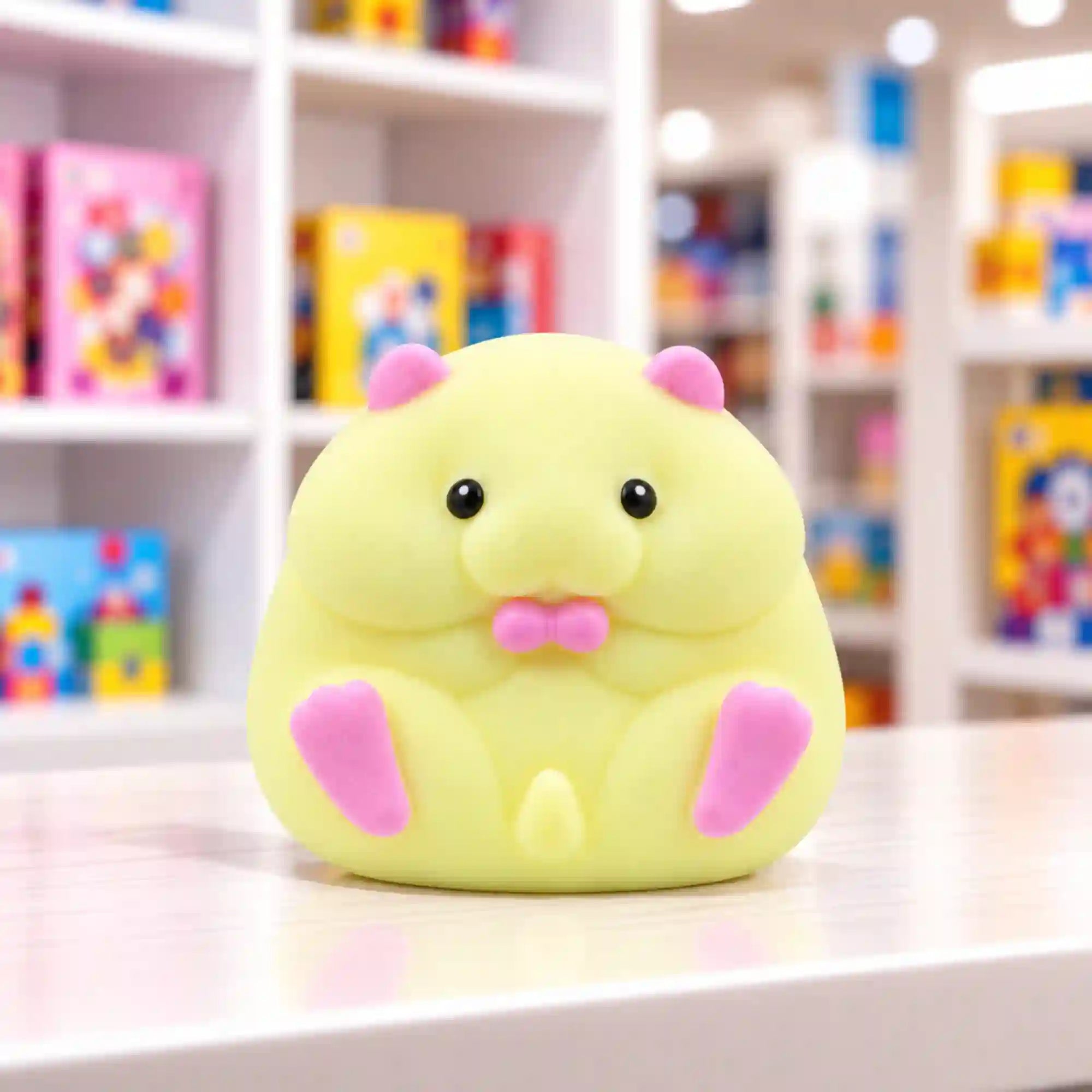 Cool Mix Squishy: Hörcsög stresszlevezető játék (sárga) – sárga, pufók hörcsögfigura rózsaszín fülekkel, mancsokkal és szájrésszel, fekete szemekkel, világos asztalon, elmosódott játékbolti háttér előtt.