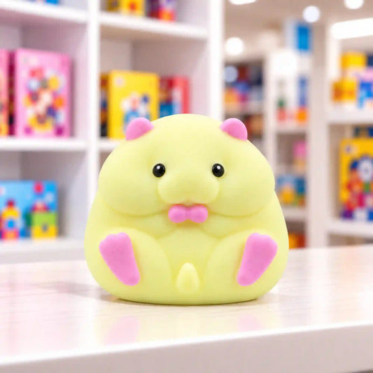 Cool Mix Squishy: Hörcsög stresszlevezető játék (sárga) – sárga, pufók hörcsögfigura rózsaszín fülekkel, mancsokkal és szájrésszel, fekete szemekkel, világos asztalon, elmosódott játékbolti háttér előtt.