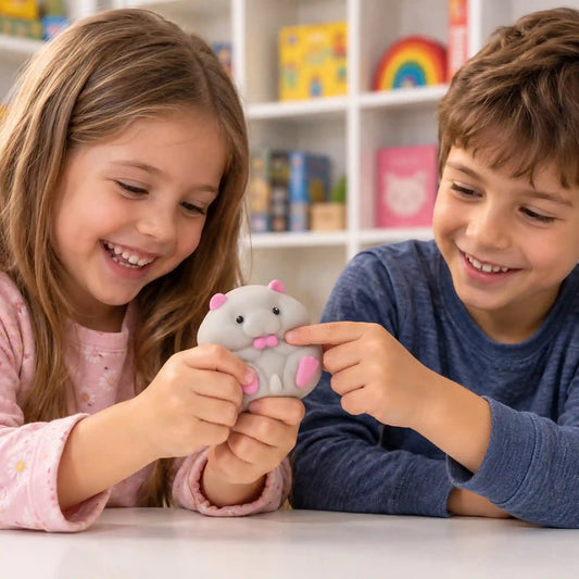 Cool Mix Squishy szürke hörcsög stresszlevezető játék két mosolygó gyermek kezében játék közben