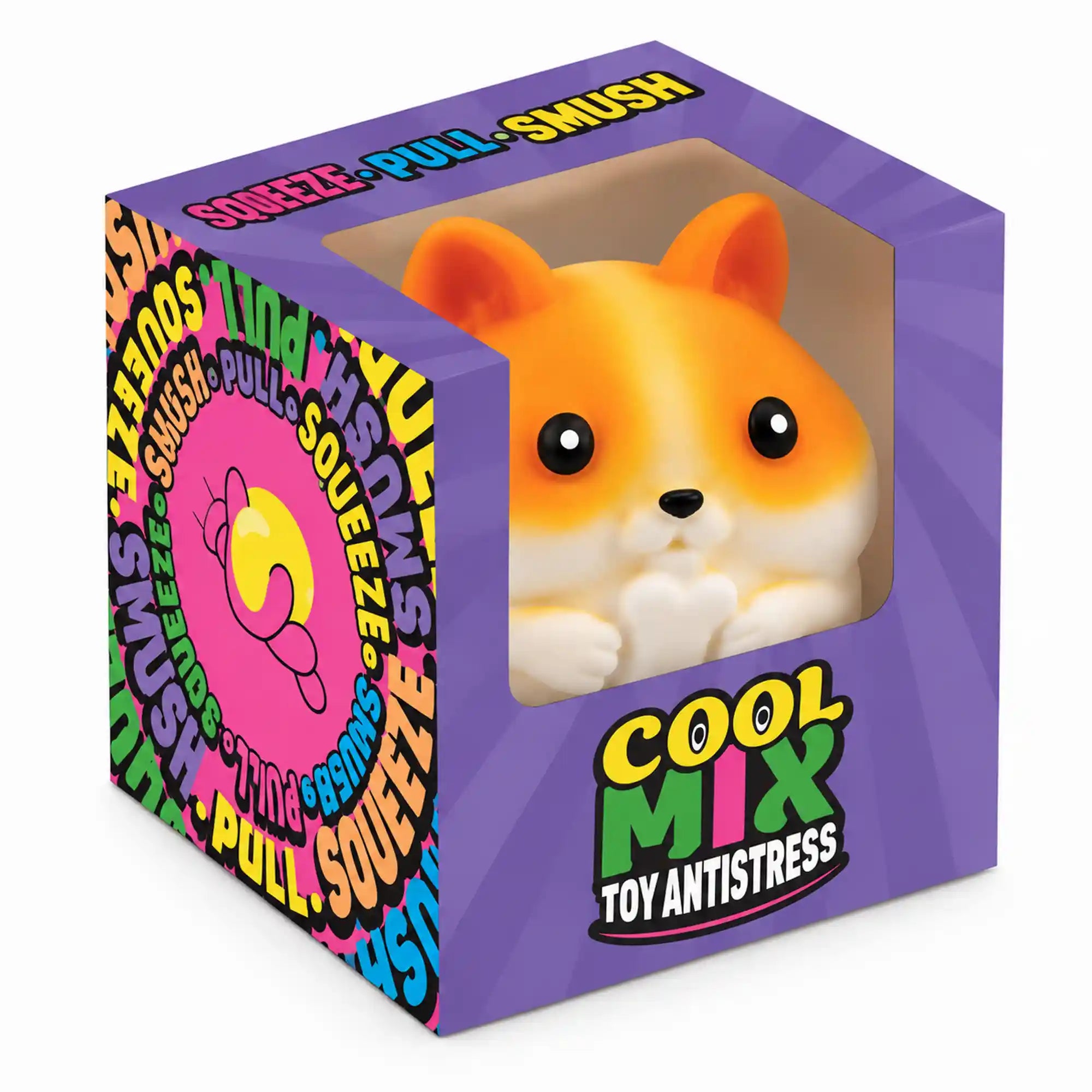 Cool Mix Állatok squishy stresszlabda – narancssárga-fehér kutya lila Cool Mix Toy Antistress dobozban