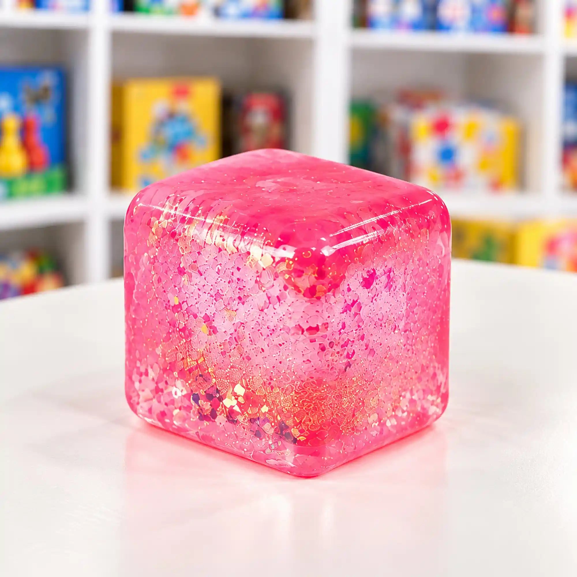 Cool Mix Squishy: Super Gel Cube stresszlevezető játék (rózsaszín), áttetsző, csillámos, lekerekített sarkú zselékocka fehér asztalon.