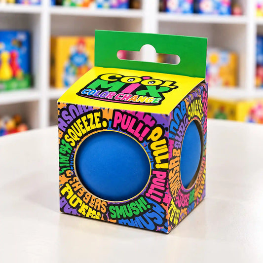 Cool Mix színváltós squishy stresszlevezető játék (kék), színes, feliratos dobozban, kerek nyílásokon keresztül látható kék labdával.