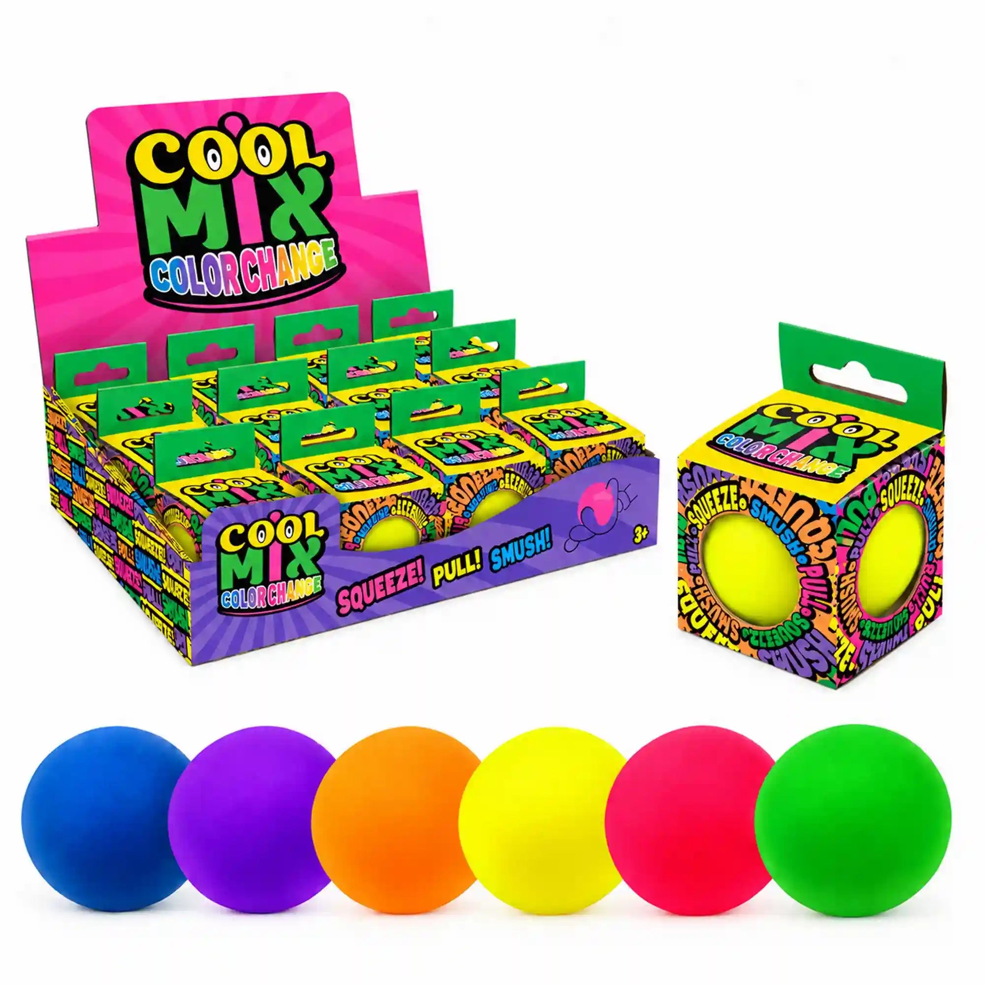 Cool Mix színváltós squishy stresszlevezető játék (sárga), színes bemutatóállványon elhelyezett dobozokkal és hat különböző színű labdával.