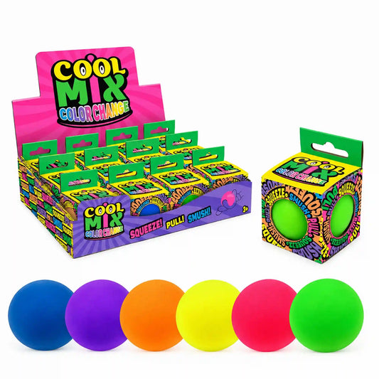 Cool Mix színváltós squishy stresszlevezető játék (zöld) – Színes kínálódobozban sorakozó stresszlabdák, mellettük egy külön csomagolt zöld változat. Elöl hat különböző színű labda látható.