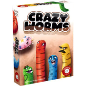 „A Crazy Worms társasjáték doboza, amelyen színes, mókás kukacfigurák láthatók különböző arckifejezésekkel, vidám hangulatot sugározva.”