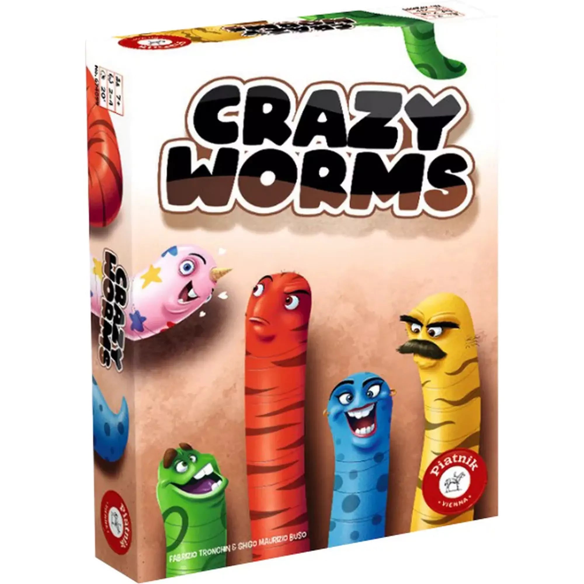 „A Crazy Worms társasjáték doboza, amelyen színes, mókás kukacfigurák láthatók különböző arckifejezésekkel, vidám hangulatot sugározva.”
