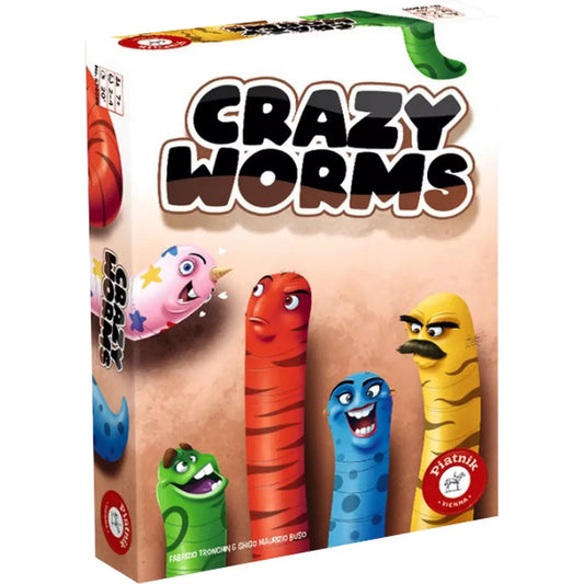 „A Crazy Worms társasjáték doboza, amelyen színes, mókás kukacfigurák láthatók különböző arckifejezésekkel, vidám hangulatot sugározva.”
