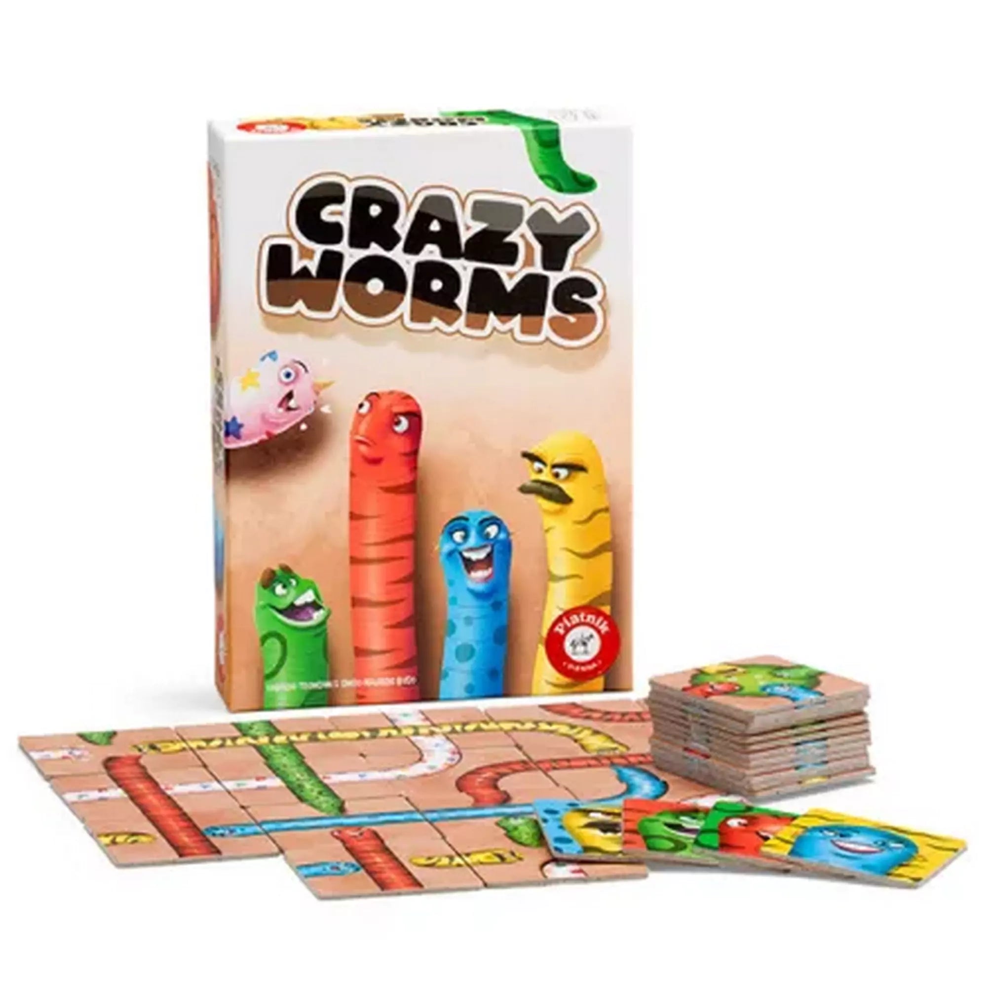 „A Crazy Worms társasjáték doboza a színes játéklapokkal és elemekkel, ahol a játékosok célja a leghosszabb és legértékesebb kukac felépítése.”