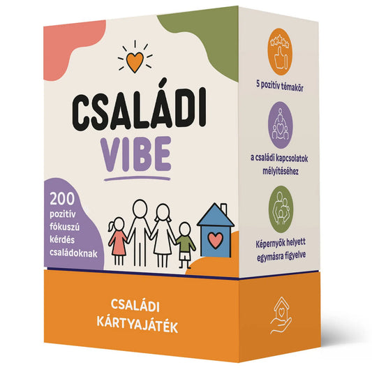 Családi Vibe magyar nyelvű családi kártyajáték doboza 200 pozitív kérdéssel