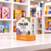 Családi Vibe családi kártyajáték doboza, 200 pozitív fókuszú kérdéssel a családi kapcsolatok erősítéséhez.