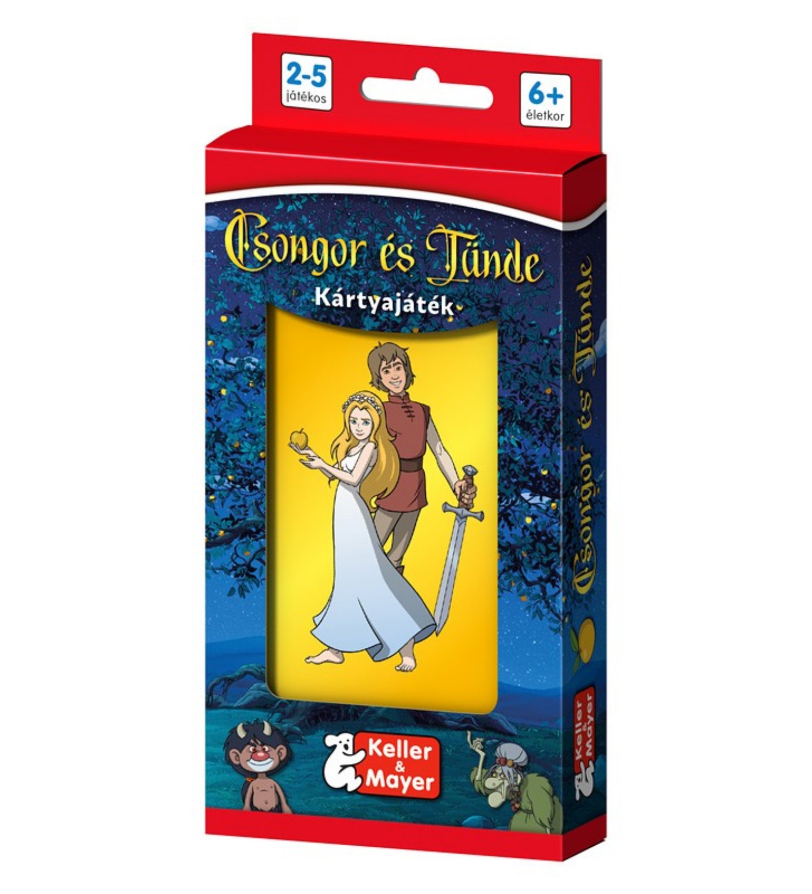 A Csongor és Tünde – Kártyajáték piros-sötétkék színvilágú doboza, középen Csongorral és Tündével, a Keller & Mayer logóval, valamint a játék 2–5 játékosra és 6 éves kortól ajánlott jelölésekkel.