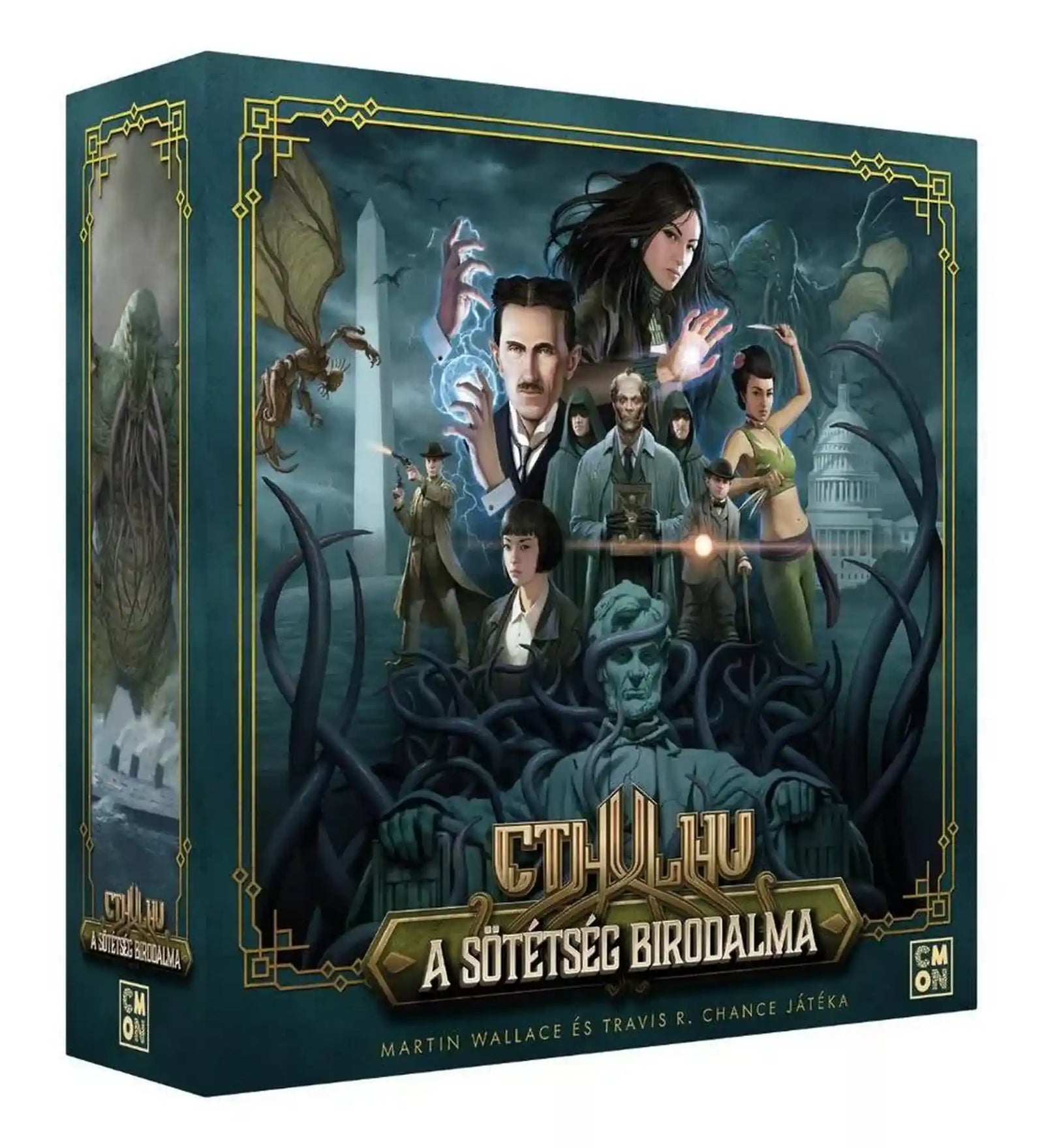 Cthulhu: A sötétség birodalma társasjáték doboza 3D nézetben, Lovecrafti hangulatú borítóval, szereplőkkel és szörnyekkel