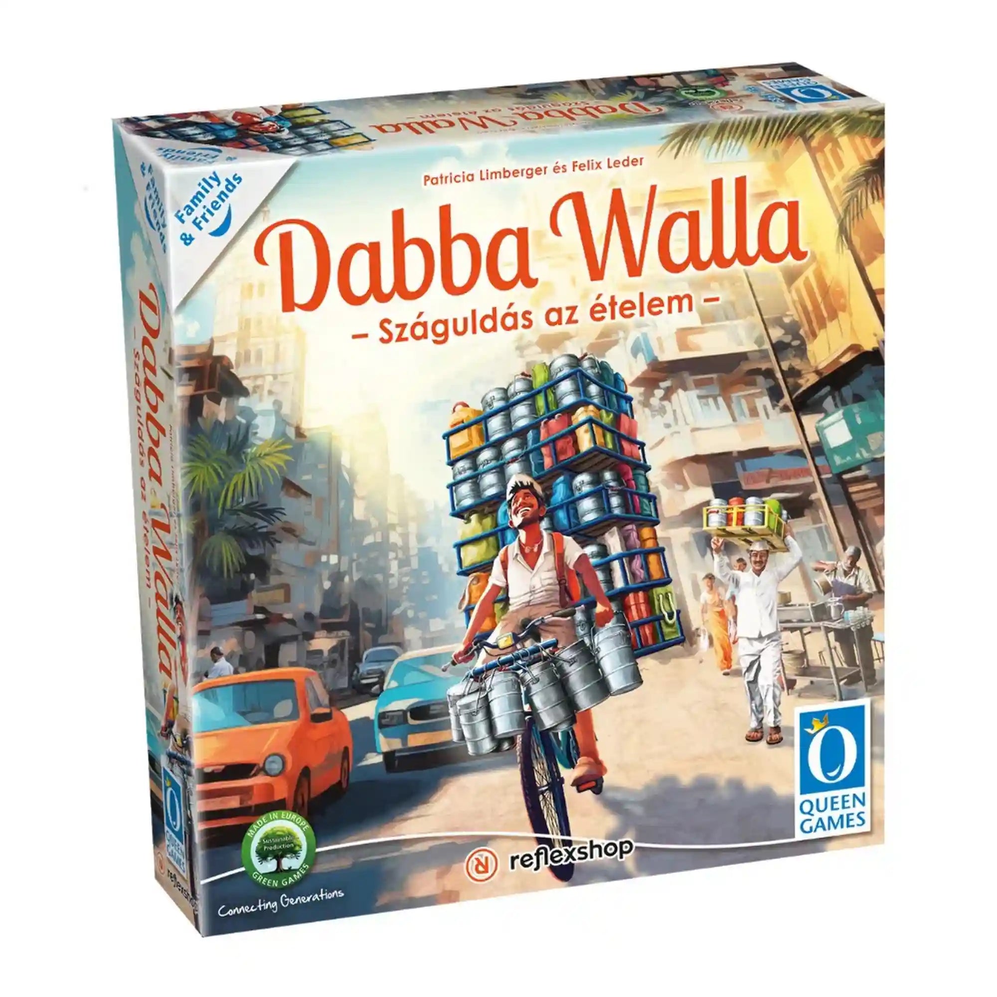 A Dabba Walla társasjáték doboza, amely egy mumbai ételfutárt ábrázol biciklivel, magasra pakolt ételhordókkal a zsúfolt városi forgatagban.