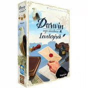 Darwin nyomában: Levelezések magyar nyelvű kiegészítő doboza, sas, viaszpecsétes levél, tintatartó és írótoll illusztrációjával.