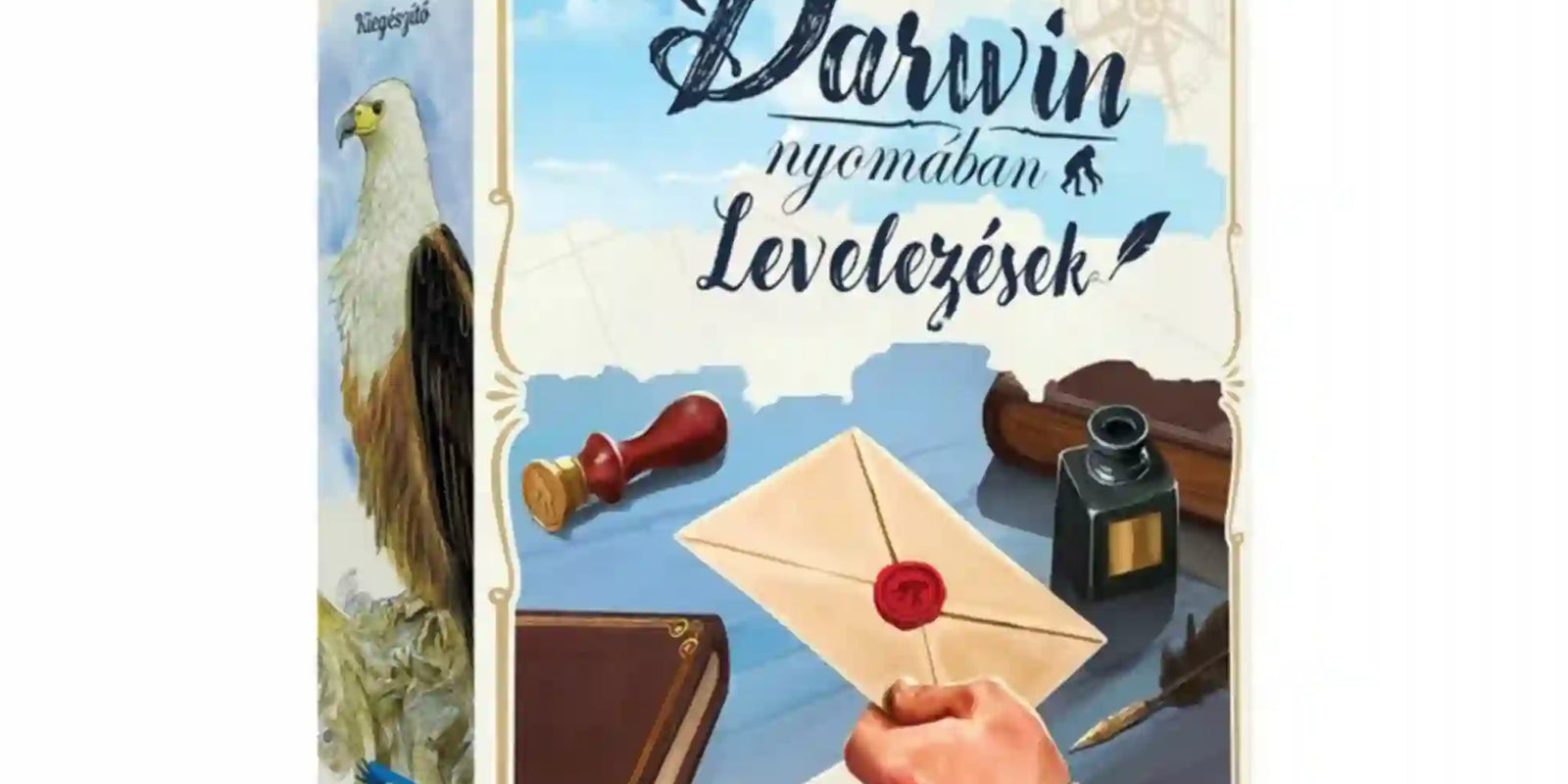 Darwin nyomában: Levelezések magyar nyelvű kiegészítő doboza, sas, viaszpecsétes levél, tintatartó és írótoll illusztrációjával.