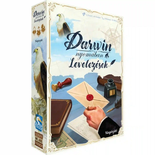Darwin nyomában: Levelezések magyar nyelvű kiegészítő doboza, sas, viaszpecsétes levél, tintatartó és írótoll illusztrációjával.