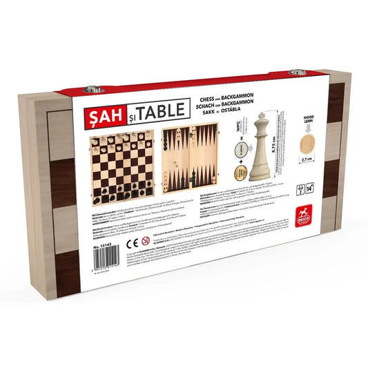 Deluxe sakk- és ostáblakészlet fadobozban – csomagolás hátoldala a 44 × 44 cm-es tábla és a 8,75 cm-es király adataival