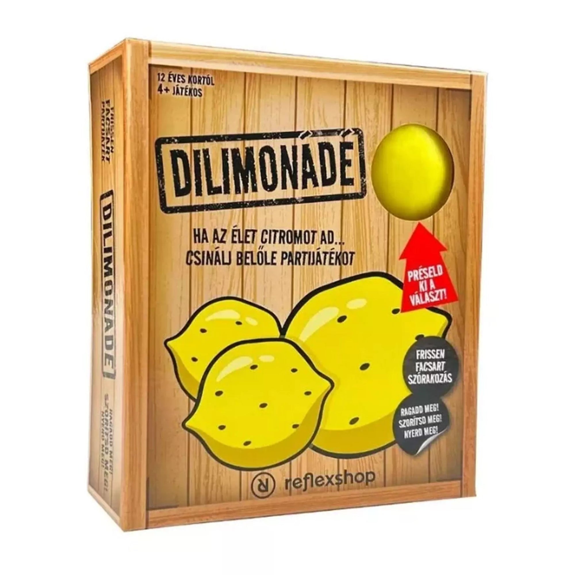 A DILIMONÁDÉ partijáték doboza elölről, fából mintázott dizájnnal, citromok illusztrációival, és egy valódi citrom formájú gumilabda látható a doboz tetején.