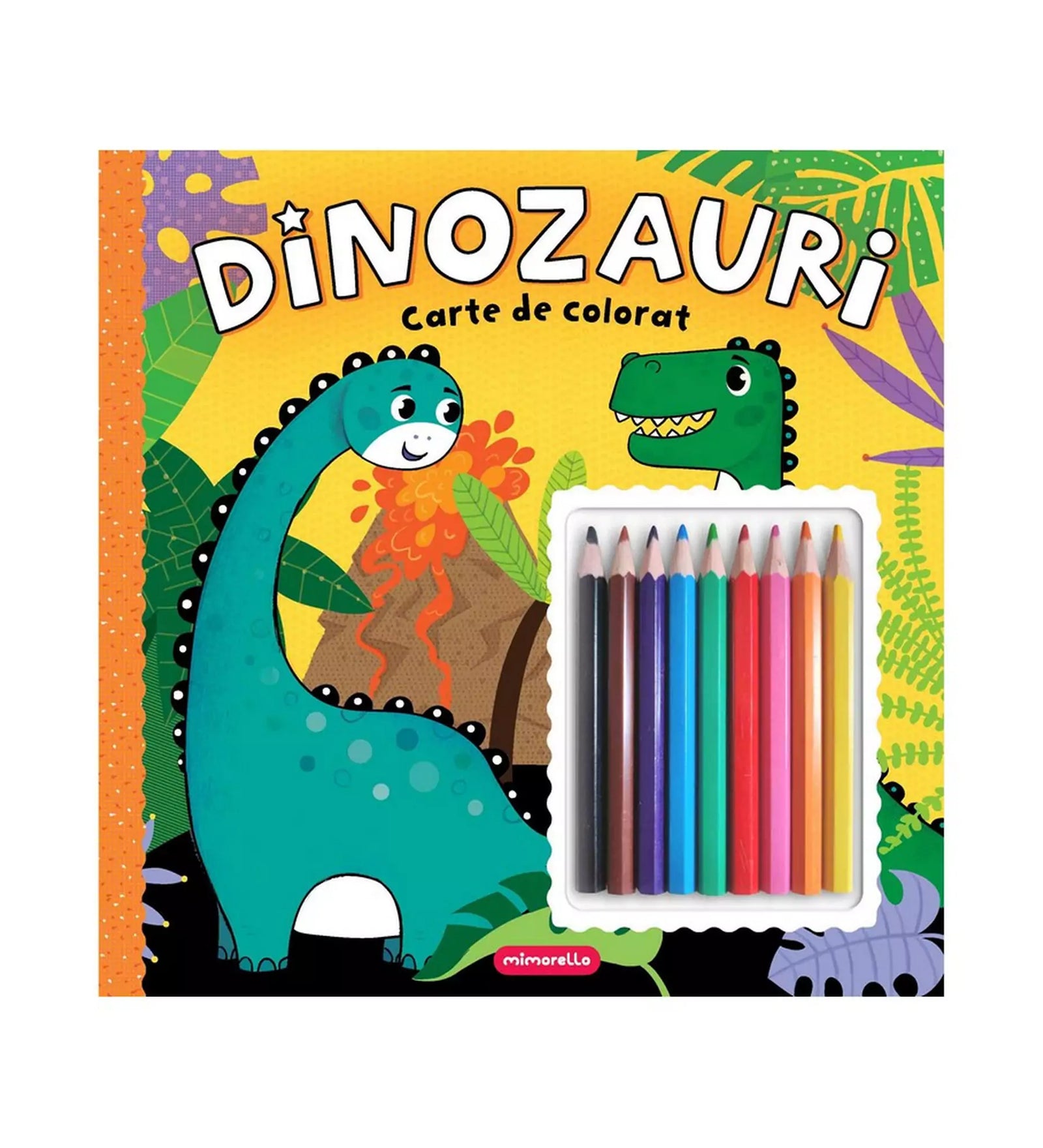 A „Dinozauri Carte de colorat” színező könyv borítója, amelyen egy mosolygós kék dinoszaurusz és egy zöld dinoszaurusz látható, körülöttük trópusi növényekkel, és a könyv melletti színes ceruzák kiemelve.