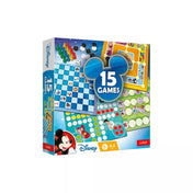 A Trefl Disney 15 az 1-ben játékszett teljes csomagolása, rajta a színes játéktáblák, bábuk és kocka képe. A doboz alsó részén a Disney és Trefl logó, valamint az ajánlott korosztály: 5+